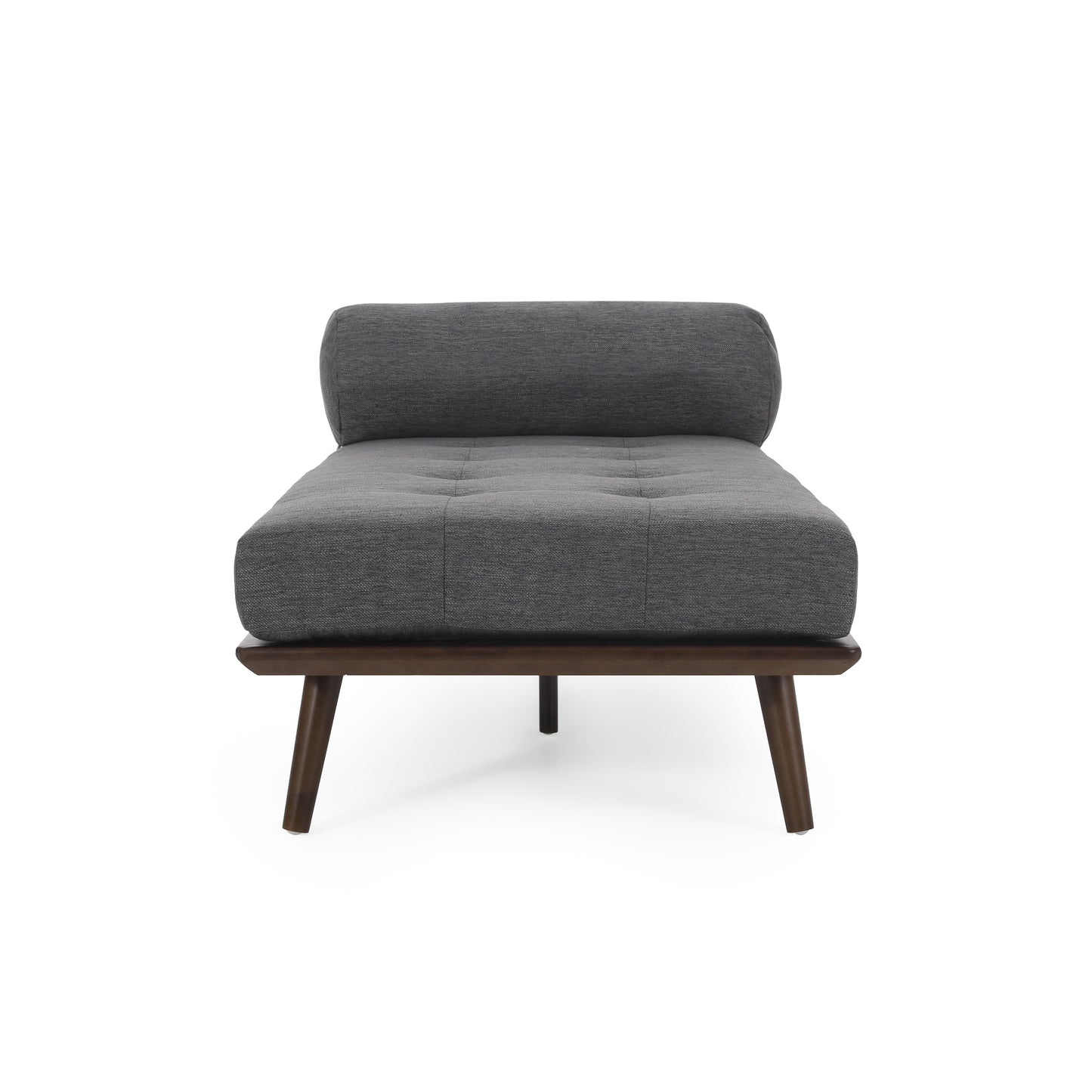 Modern grey fabric chaise lounge with tufted seat and dark wood legs