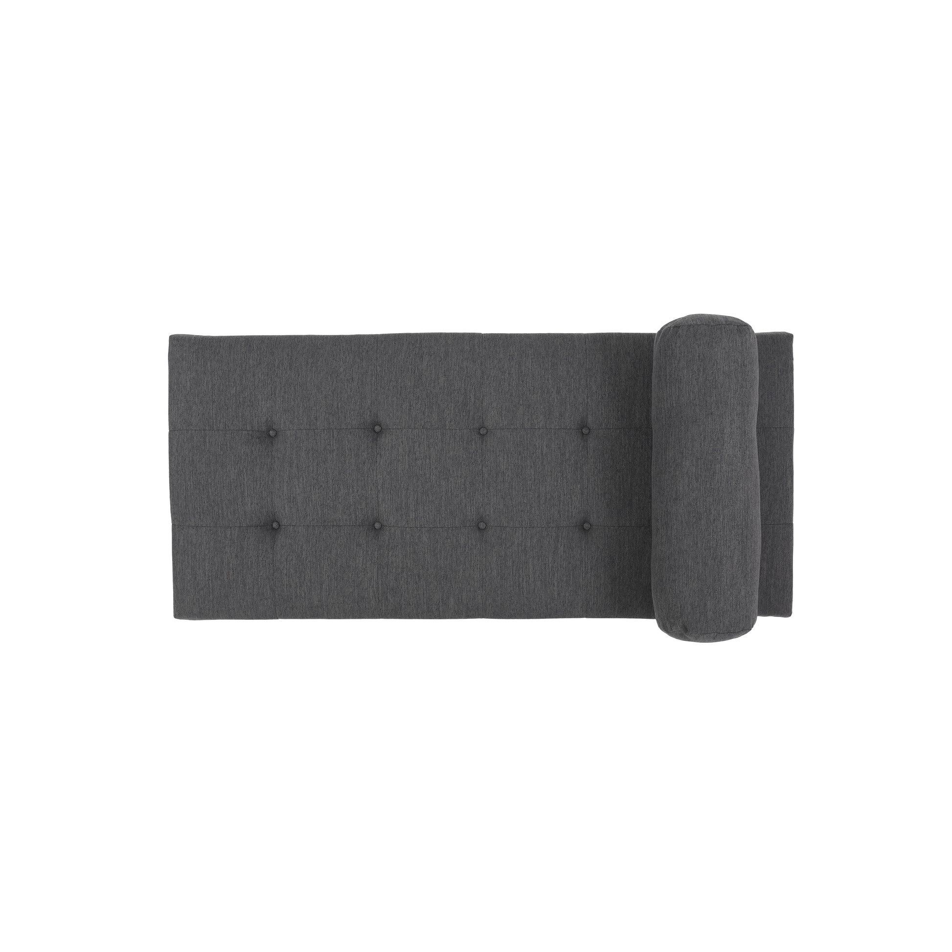 Dark gray upholstered headboard with tufted buttons and a rolled armrest for a queen bed