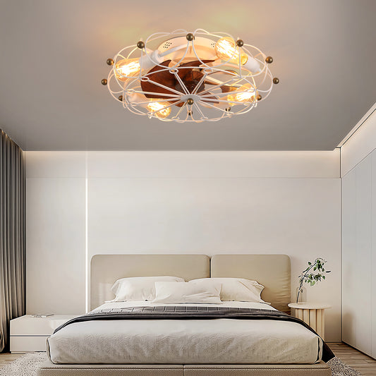 White wrought iron semiflush mount ceiling light with Edison bulbs and wood accents