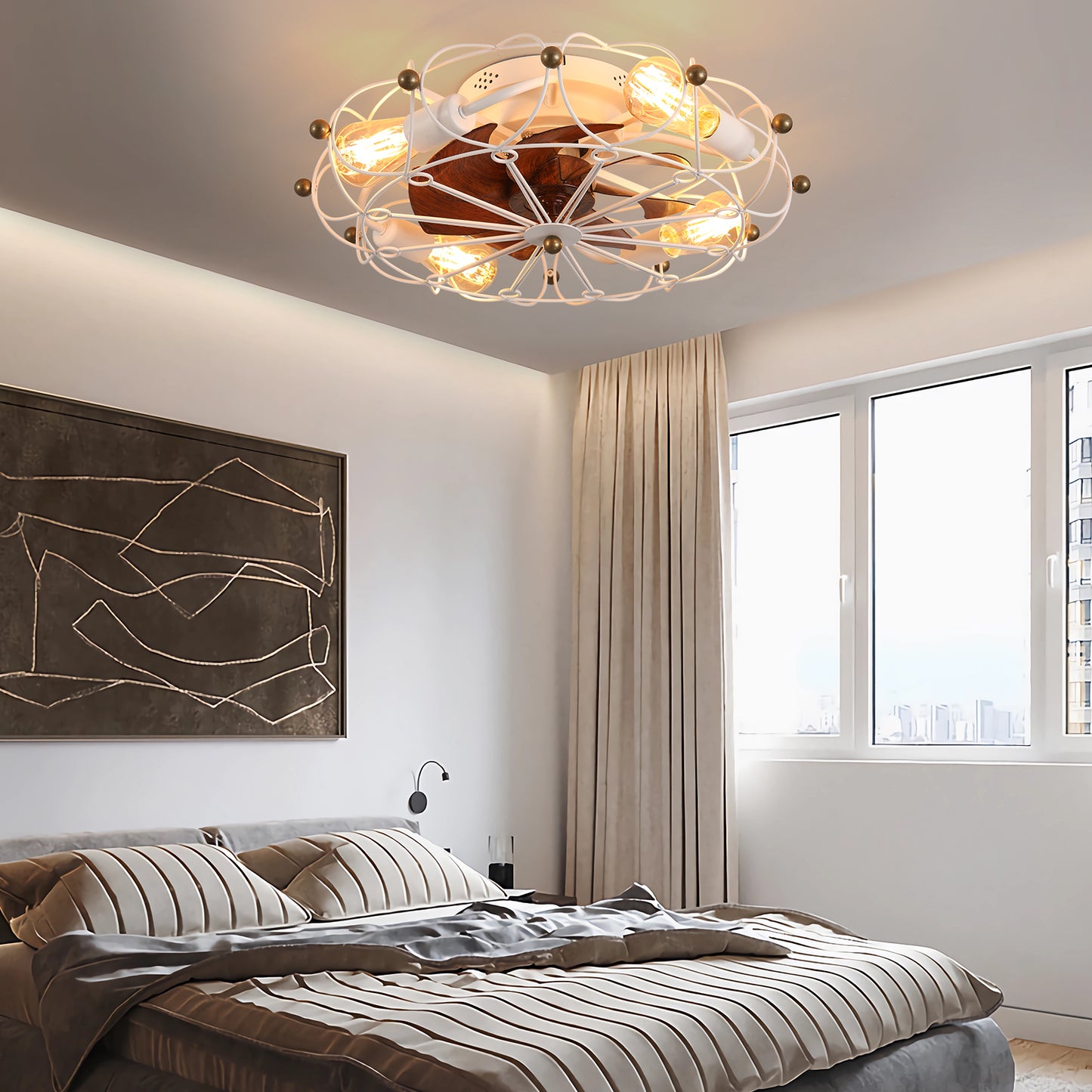 White metal caged ceiling fan light with Edison bulbs and wooden accents  inches diameter