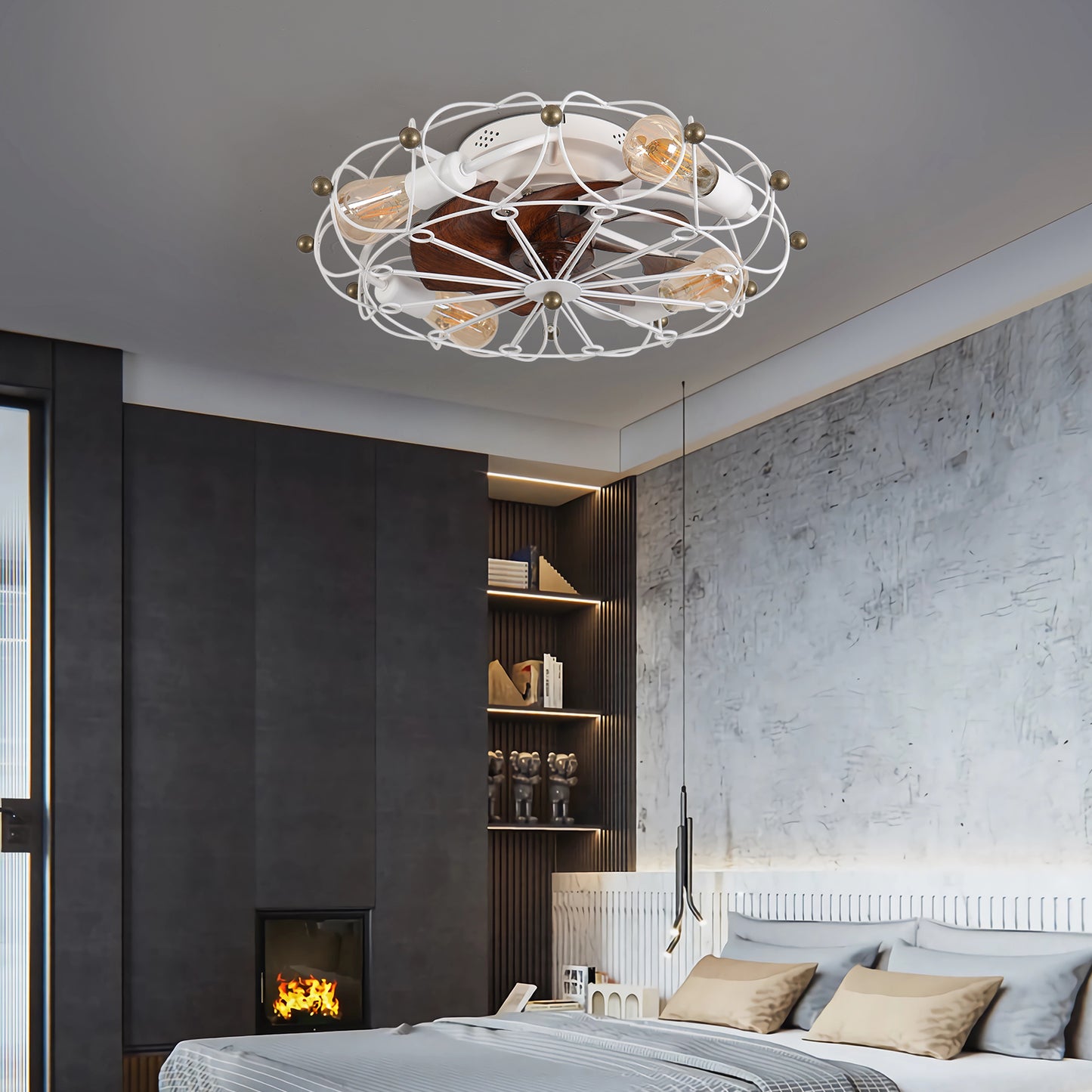Industrial caged flush mount ceiling fan light with white metal frame and wood accents