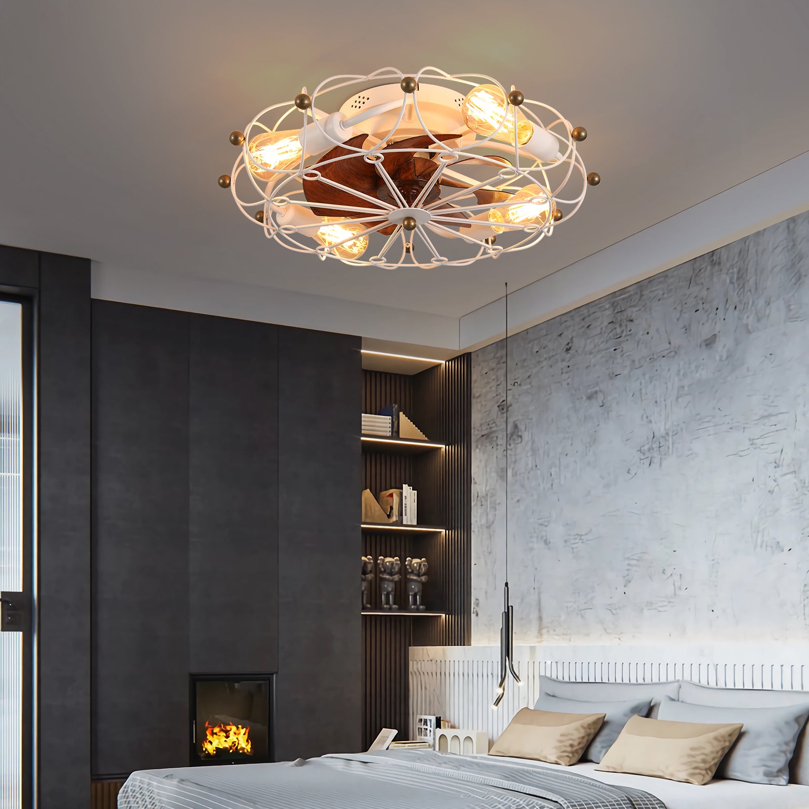 White industrial flush mount ceiling fan with vintage Edison bulbs