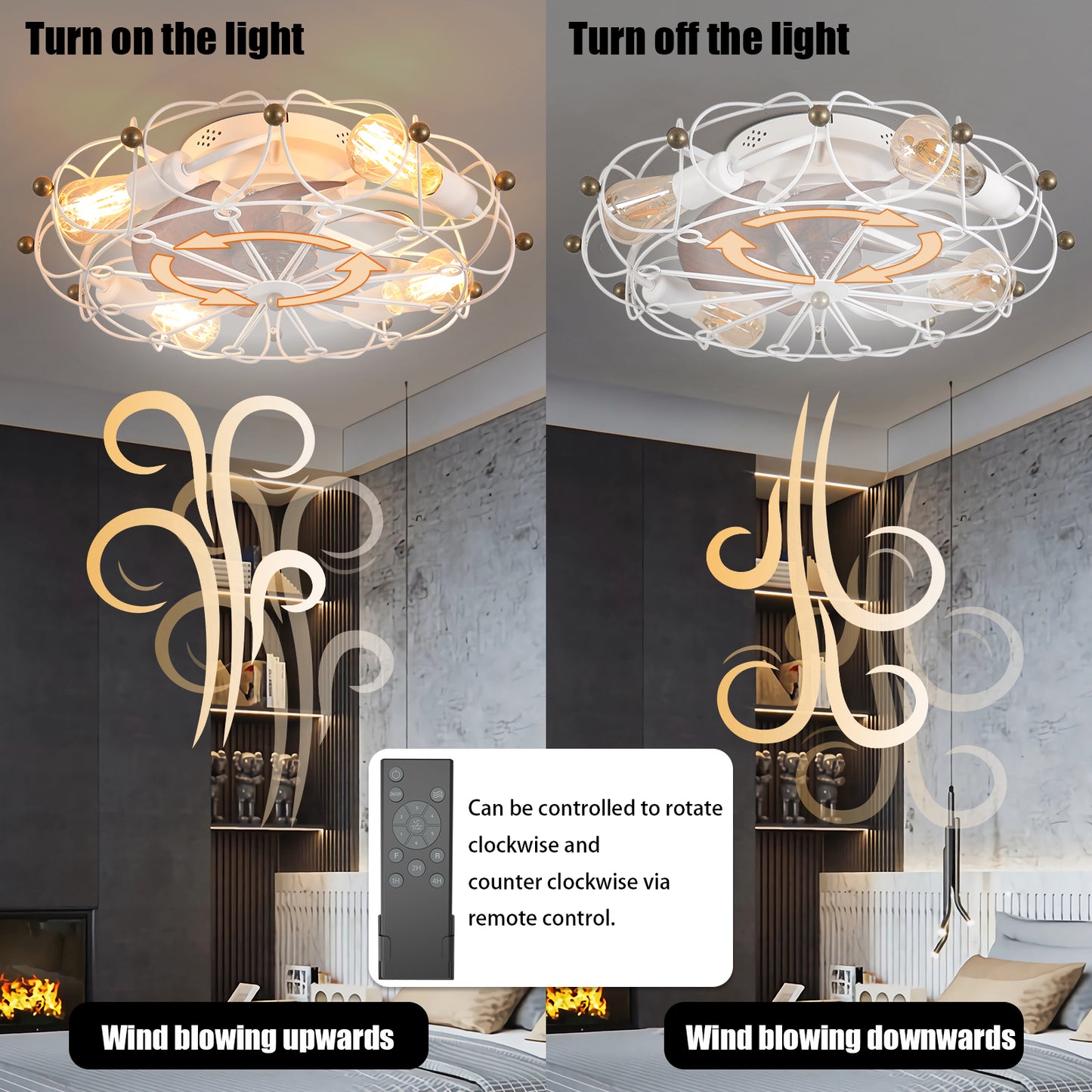 White industrial cage flush mount ceiling fan light with gold accents and Edison bulbs