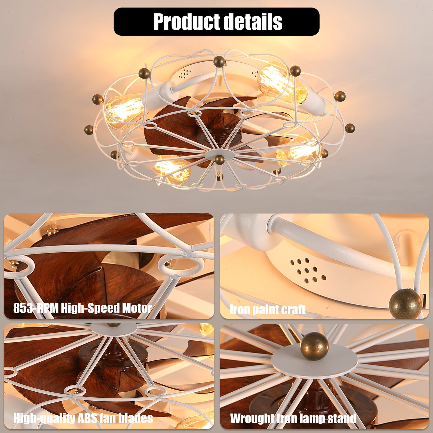Retro industrial ceiling fan light with white metal cage and wood blades