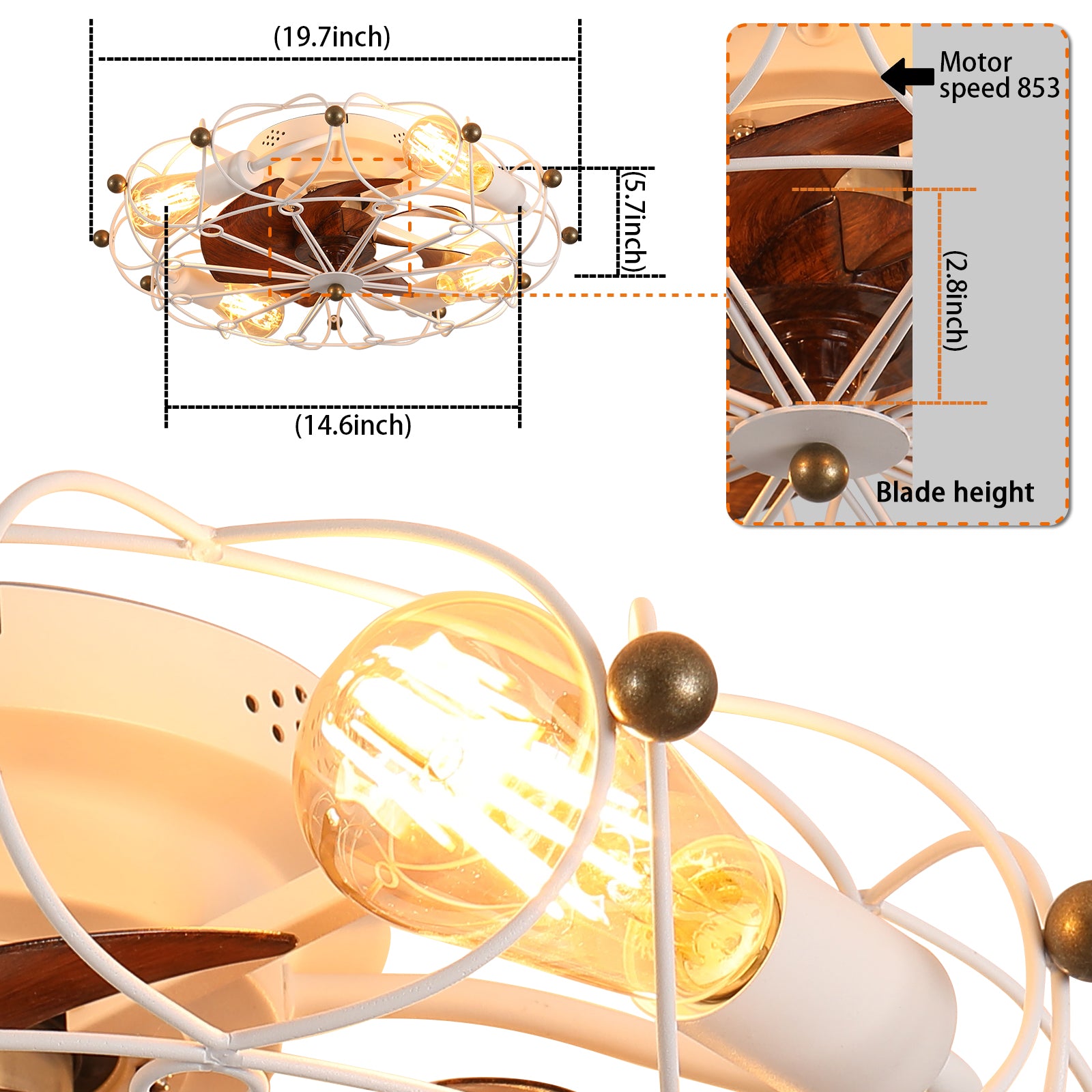 Industrial style white metal cage ceiling fan with exposed Edison bulbs  inch diameter