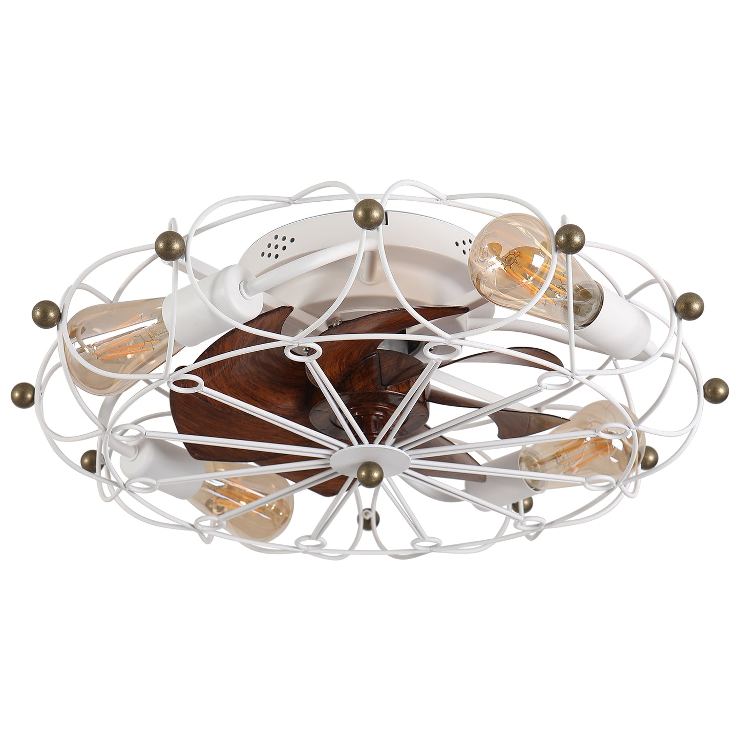 White industrial cage ceiling fan with Edison bulbs and wooden blades