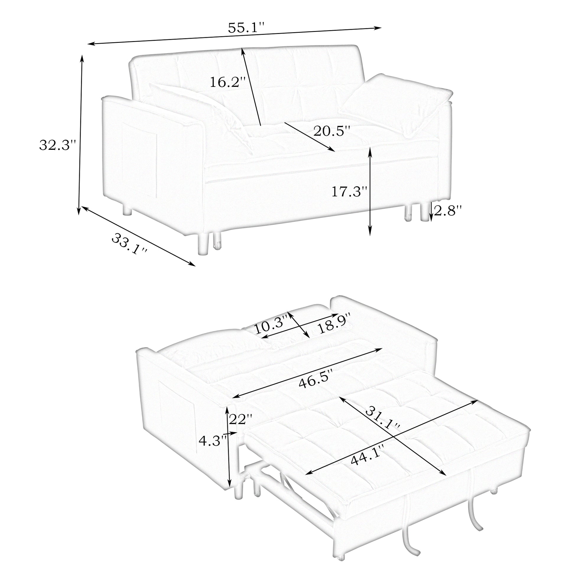 Diagram of a convertible sofa bed with dimensions showing it as a sofa  W x  D x  H