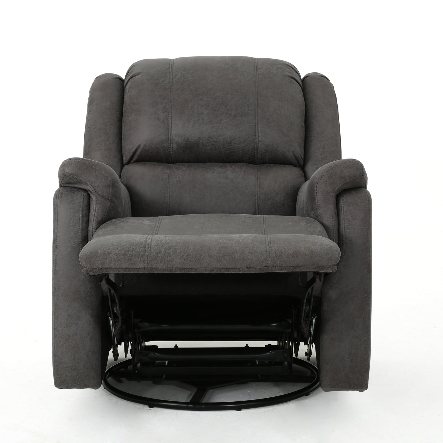 Gray faux leather recliner chair with extended footrest and swivel base
