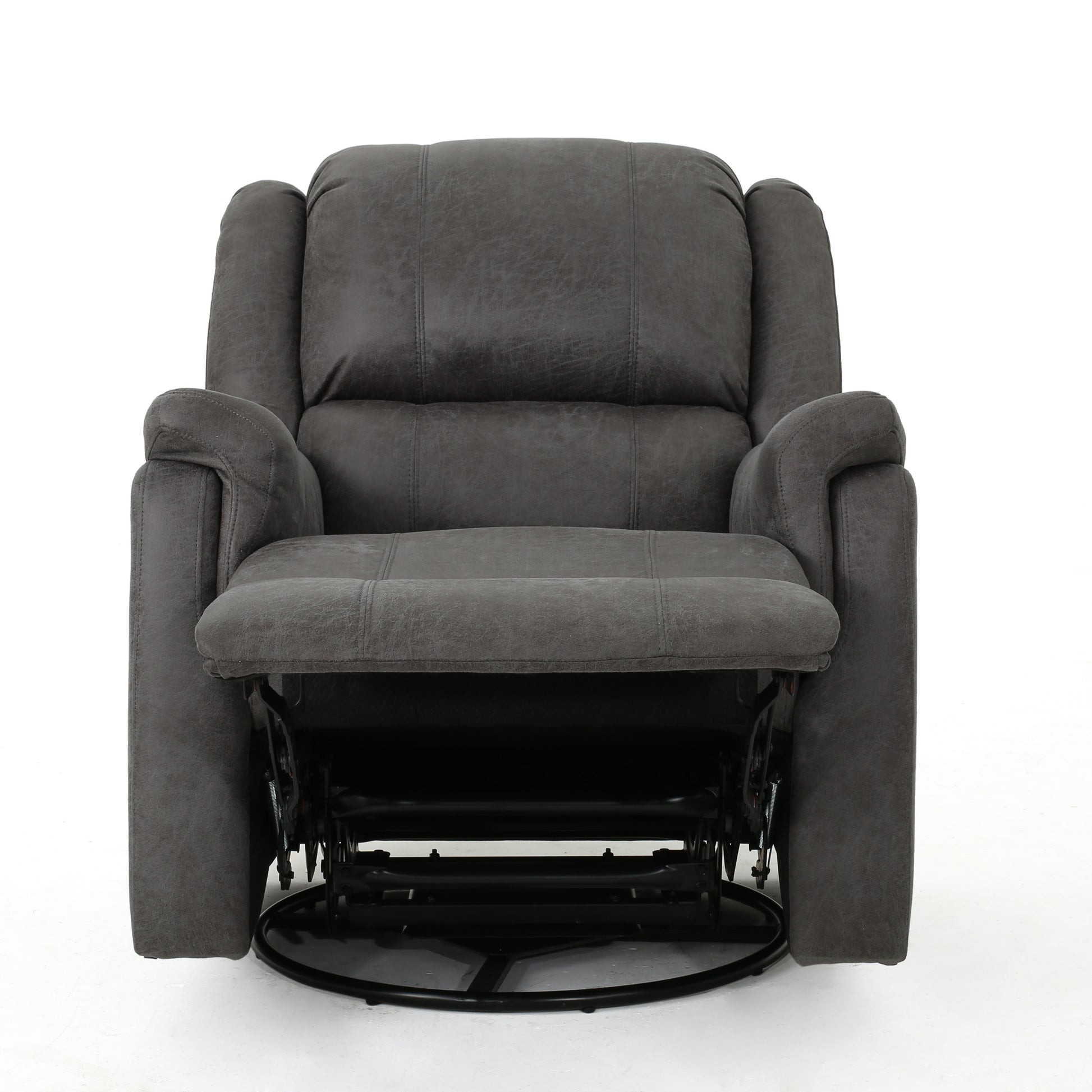 Gray faux leather recliner chair with extended footrest and swivel base