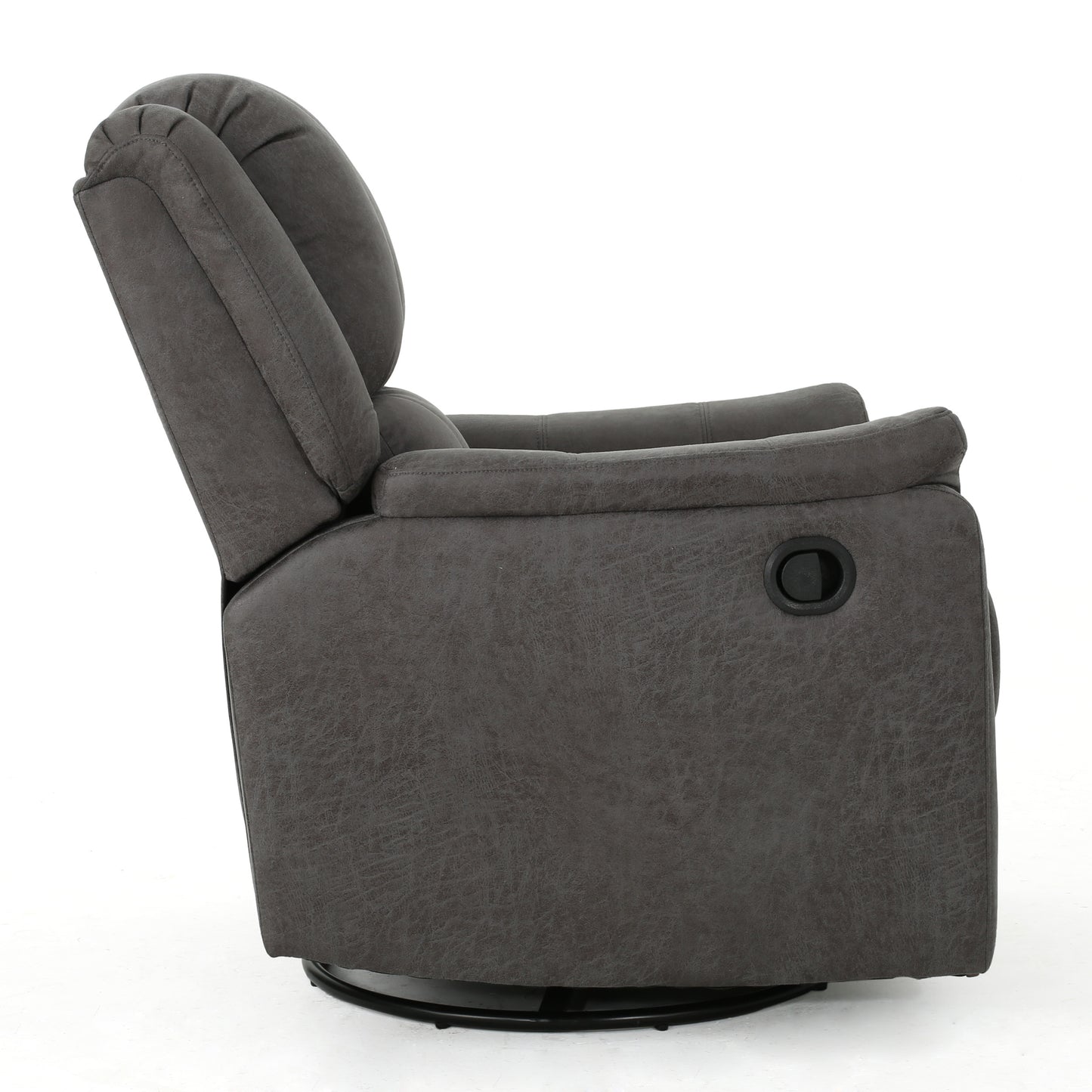 Dark gray recliner chair with plush padding and a side lever for easy adjustment