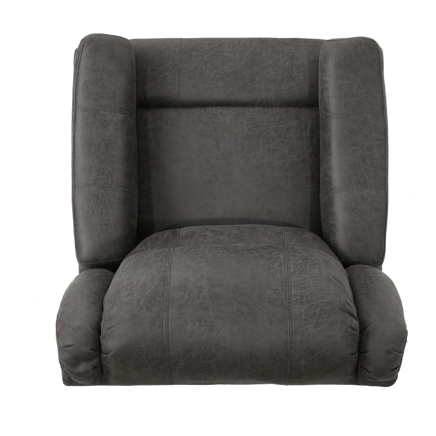 Overhead view of a dark grey faux leather recliner chair with plush padding and detailed stitching