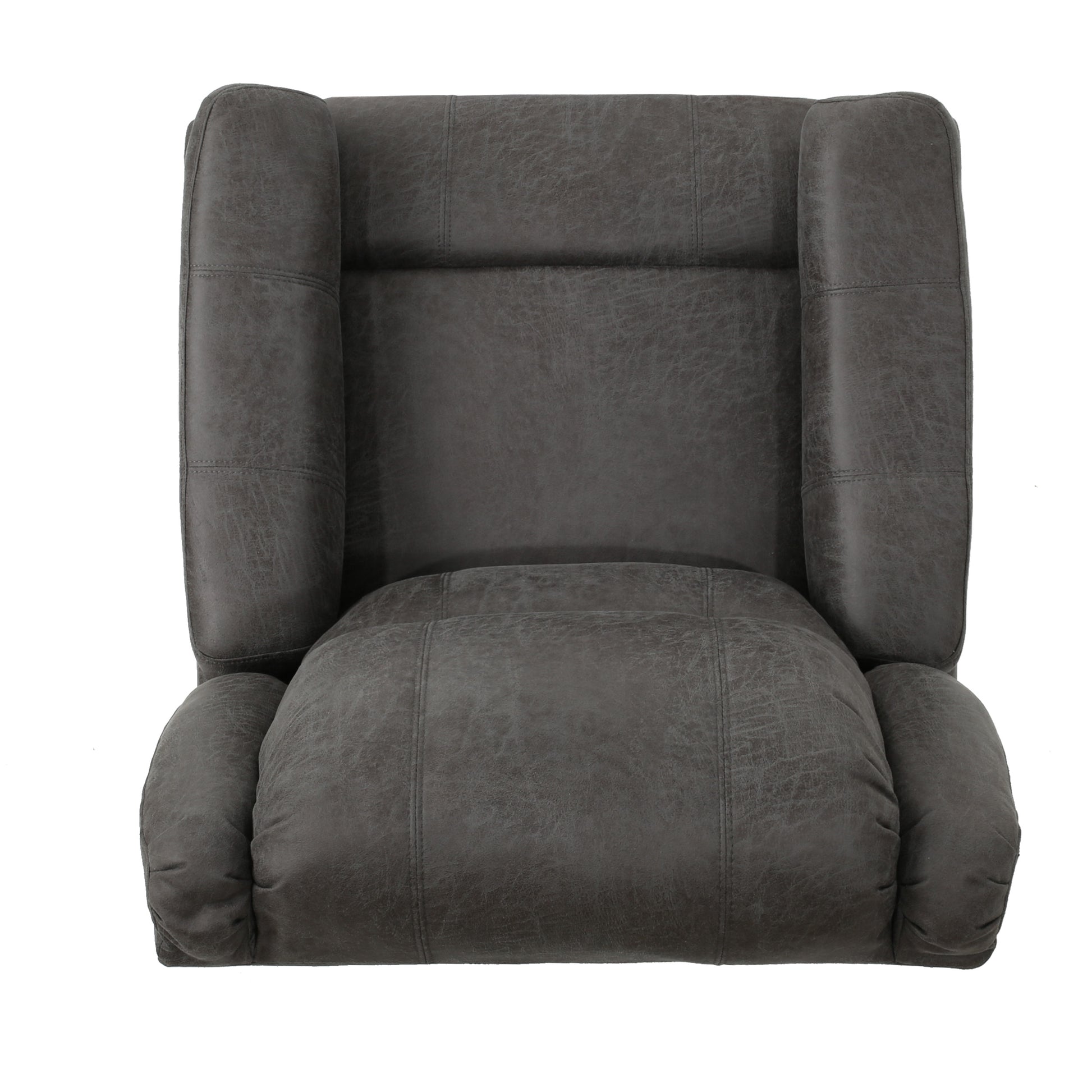 Overhead view of a dark grey faux leather recliner chair with plush padding and detailed stitching