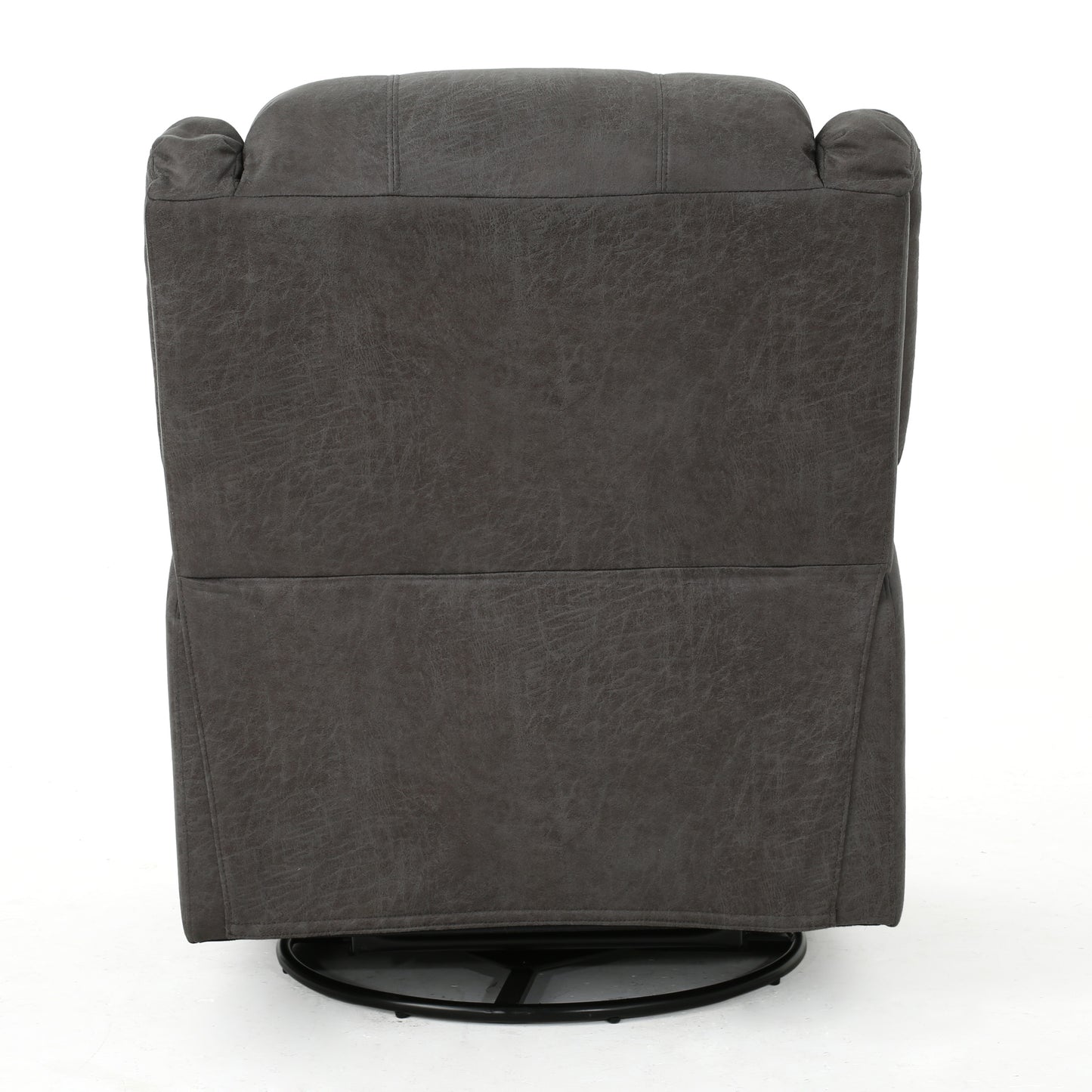 Dark gray faux leather recliner chair with a swivel base back view