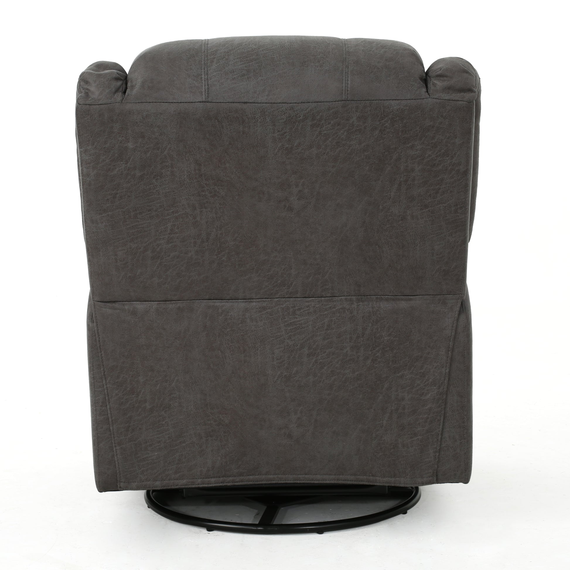 Dark gray faux leather recliner chair with a swivel base back view