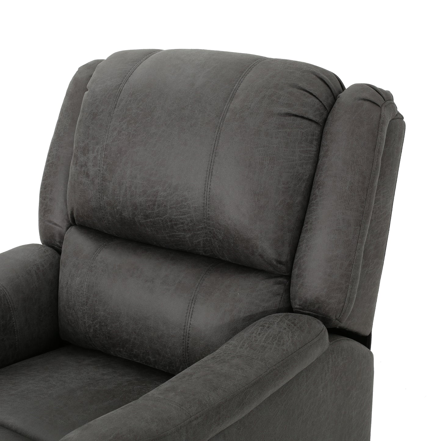 Closeup of a comfortable gray recliner chair with plush cushioning and stitched details perfect for living room relaxation