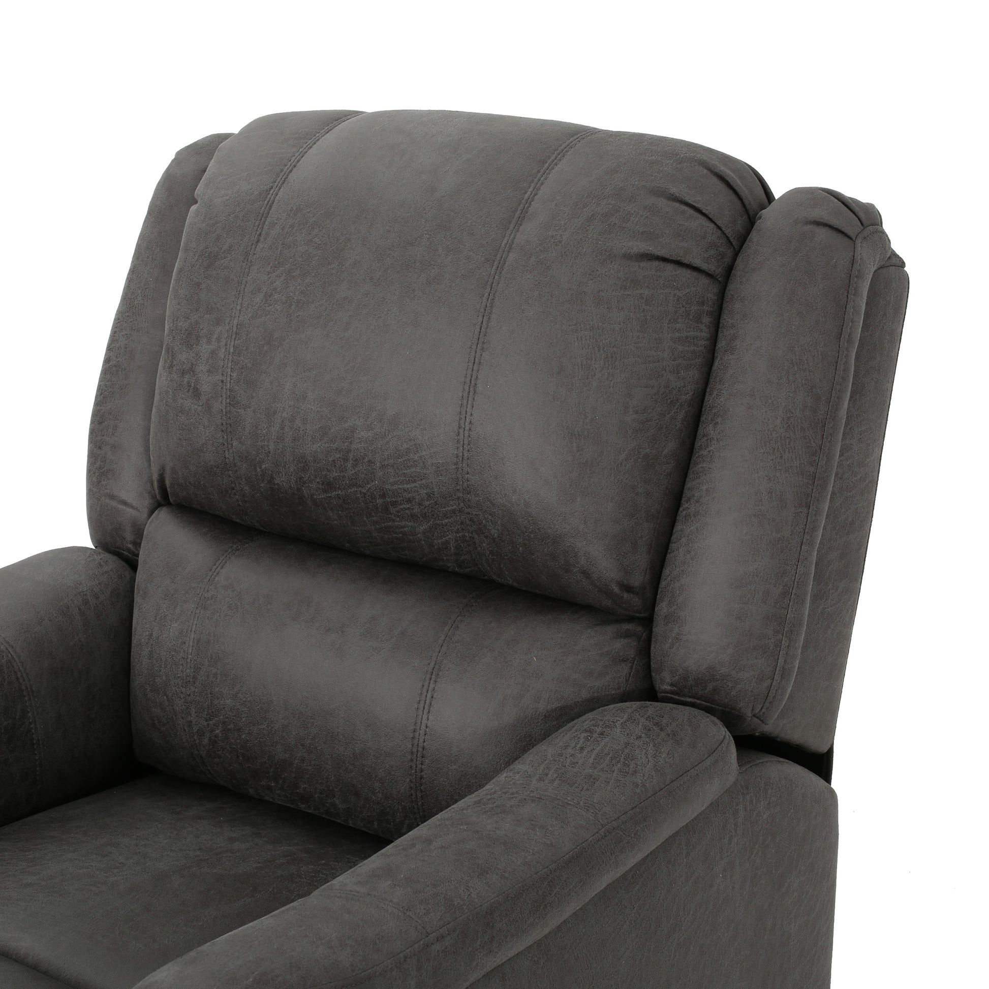 Closeup of a comfortable gray recliner chair with plush cushioning and stitched details perfect for living room relaxation