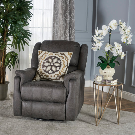 Charcoal gray recliner chair with decorative pillow and side table