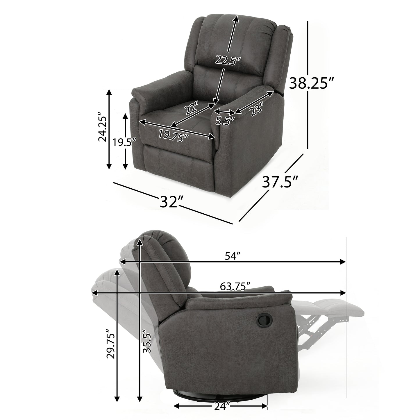 Gray fabric recliner chair with detailed dimensions for height width and depth
