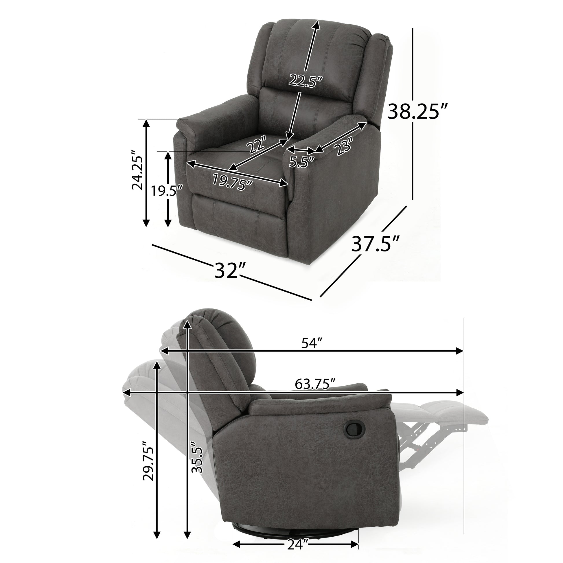 Gray fabric recliner chair with detailed dimensions for height width and depth