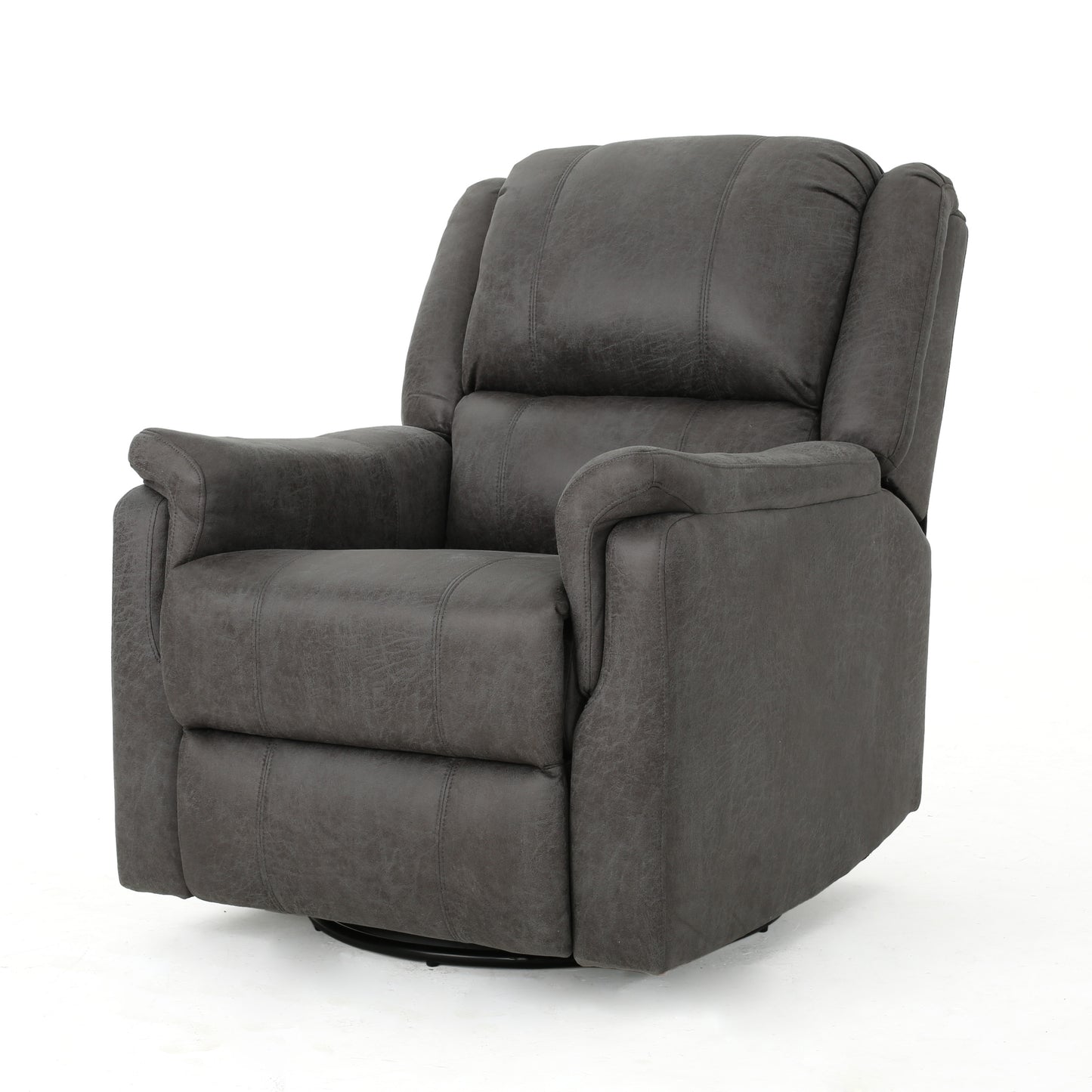 Gray swivel recliner chair with plush upholstery and modern stitching