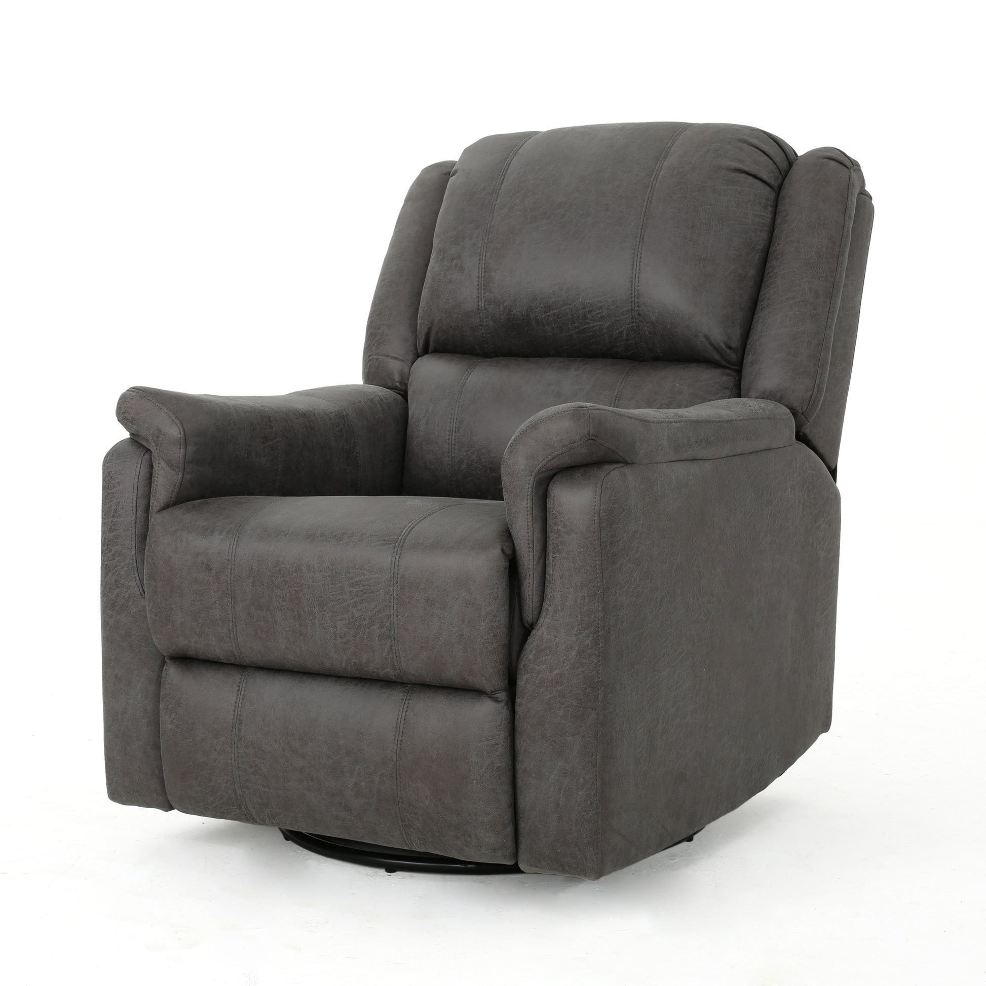Gray swivel recliner chair with plush upholstery and modern stitching