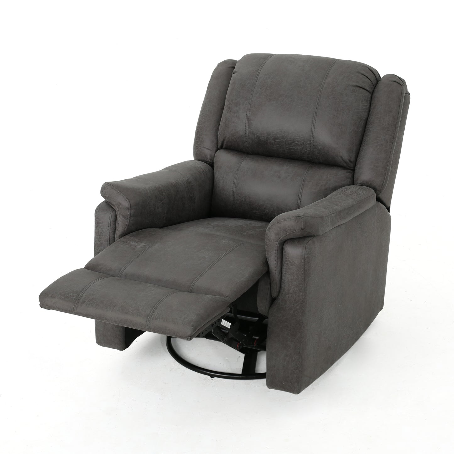 Dark gray swivel recliner with padded arms and footrest extended for comfort