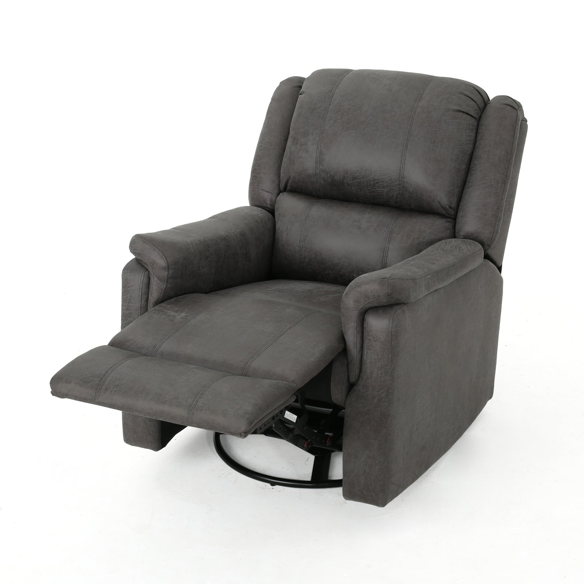 Dark gray swivel recliner with padded arms and footrest extended for comfort