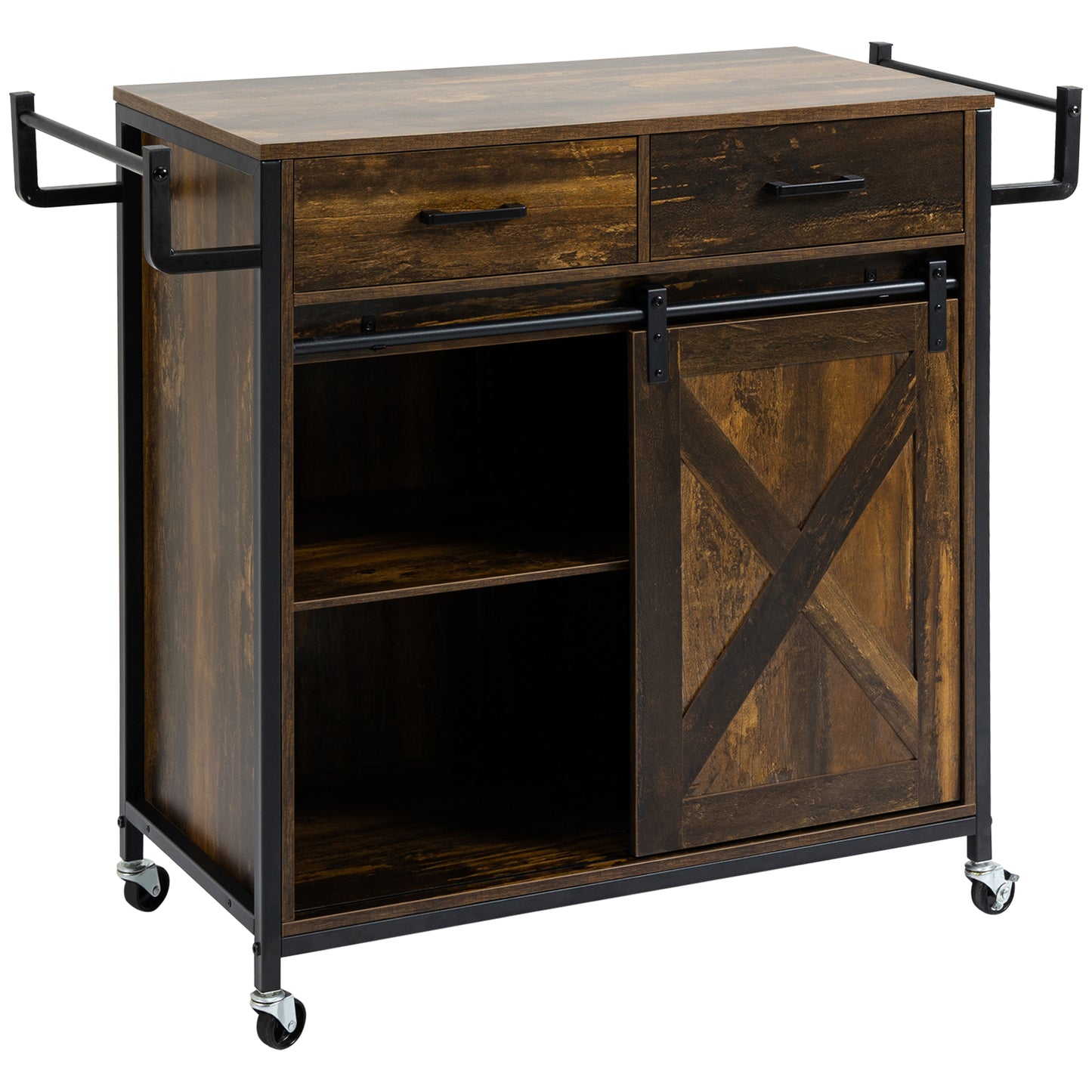 Rustic brown kitchen island cart with metal frame and two drawers