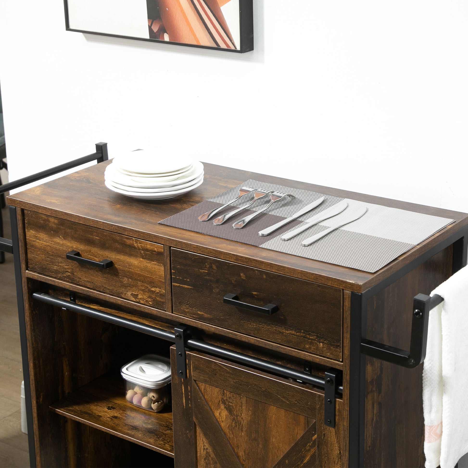 Rustic wood kitchen island with black metal frame and sliding barn door