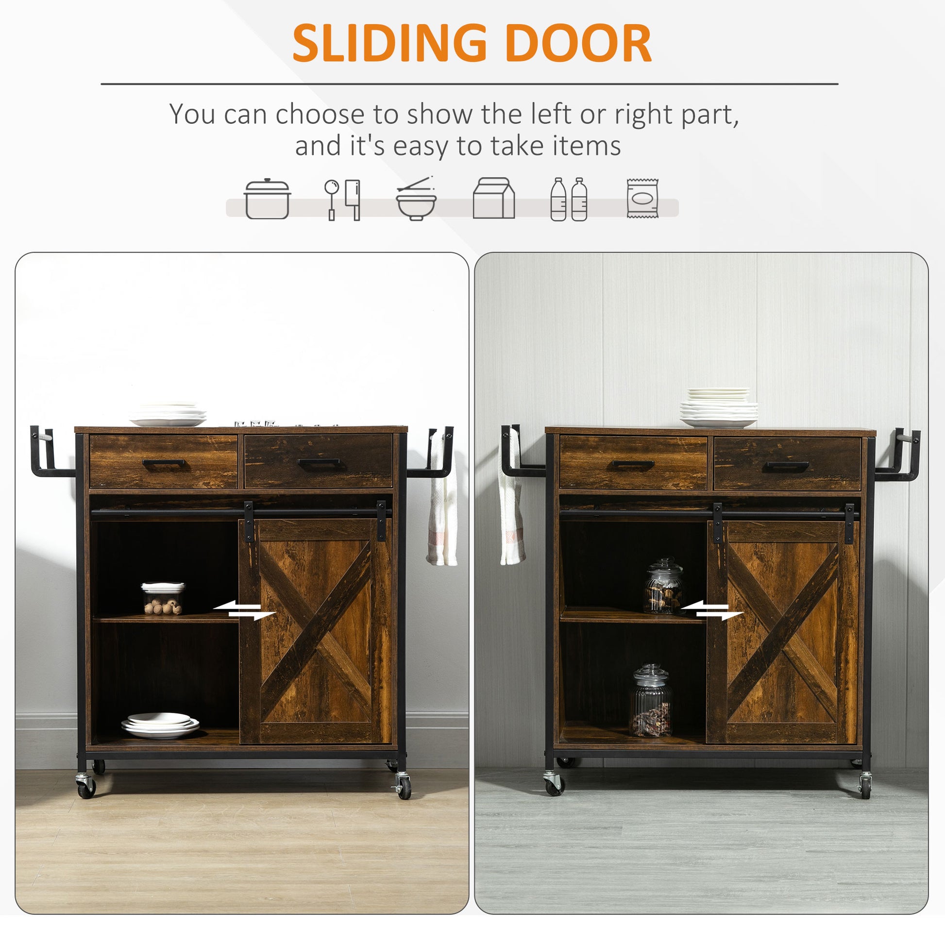 Rustic brown kitchen cart with sliding barn doors and towel racks