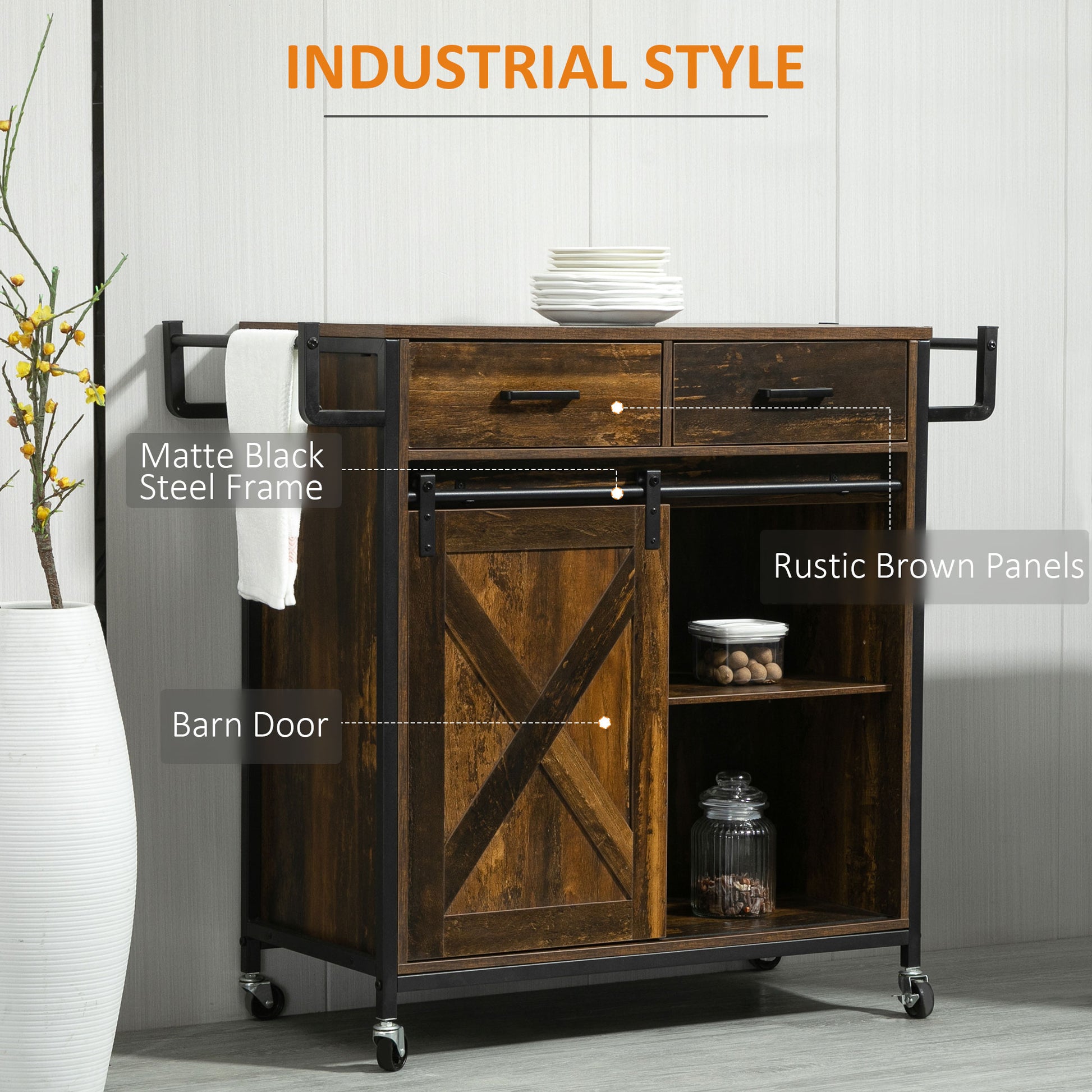 Rustic brown kitchen cart with barn door and matte black frame