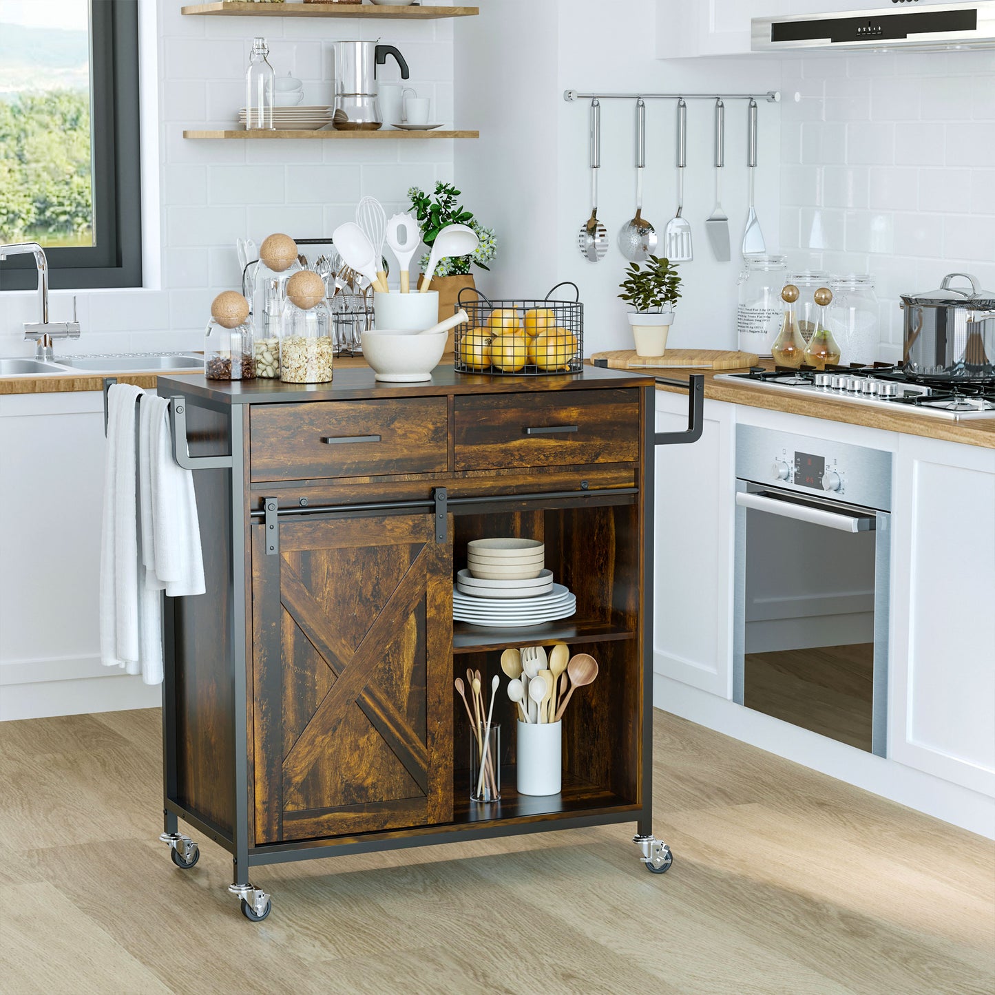 Rustic wooden kitchen island cart with black metal frame and sliding barn door