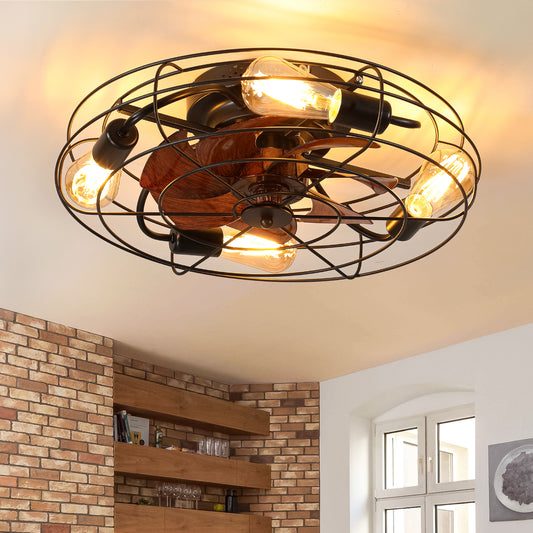 Industrial flush mount ceiling fan with rustic wood blades and exposed Edison bulbs
