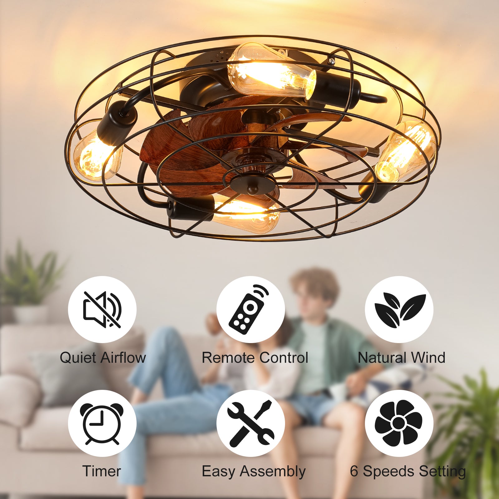 Industrial cage ceiling fan with wood blades black finish and vintage Edison bulbs