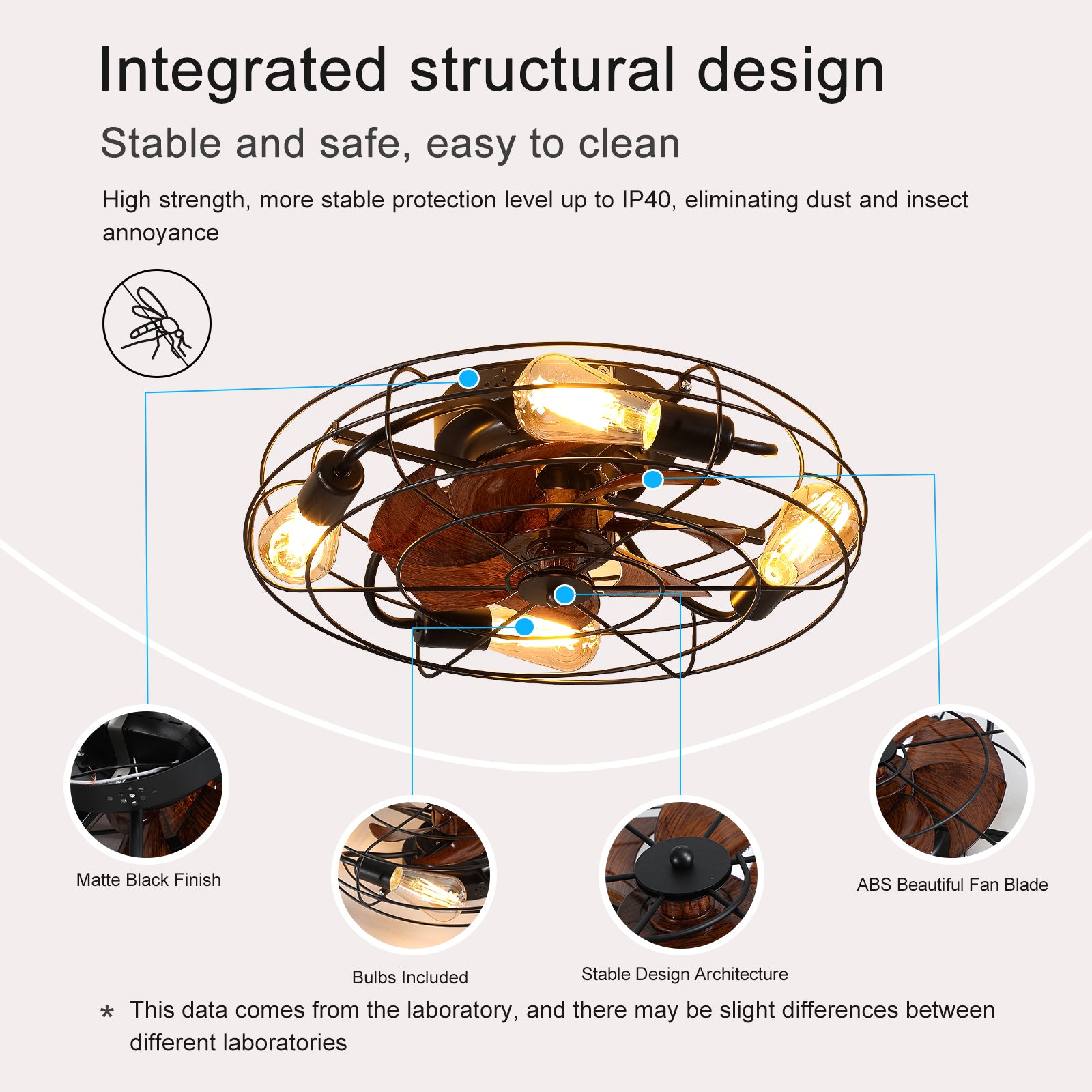 Retro industrial cage ceiling fan light with woodlook blades and Edison bulbs