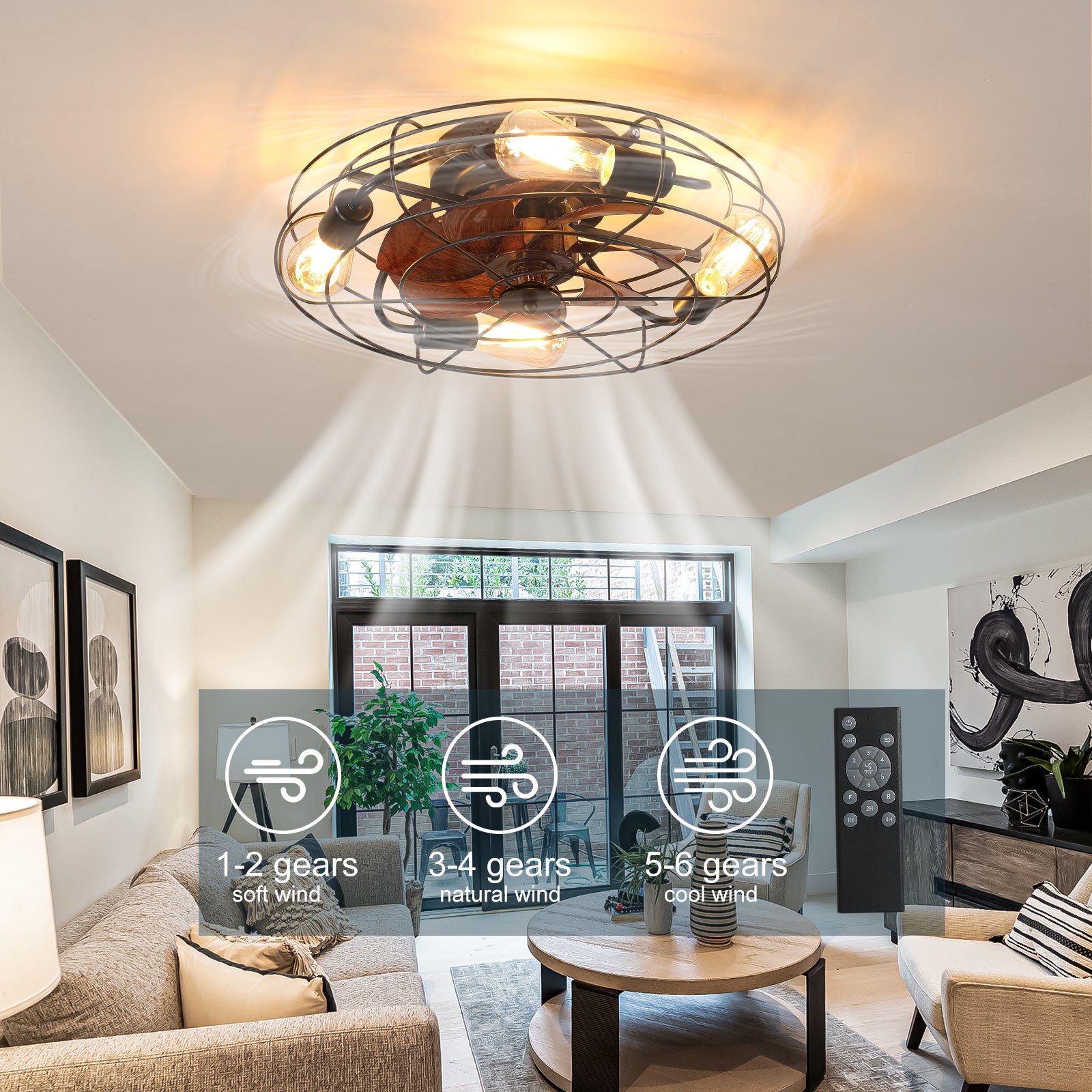 Industrial cage ceiling fan light with wood blades and Edison bulbs for rustic decor