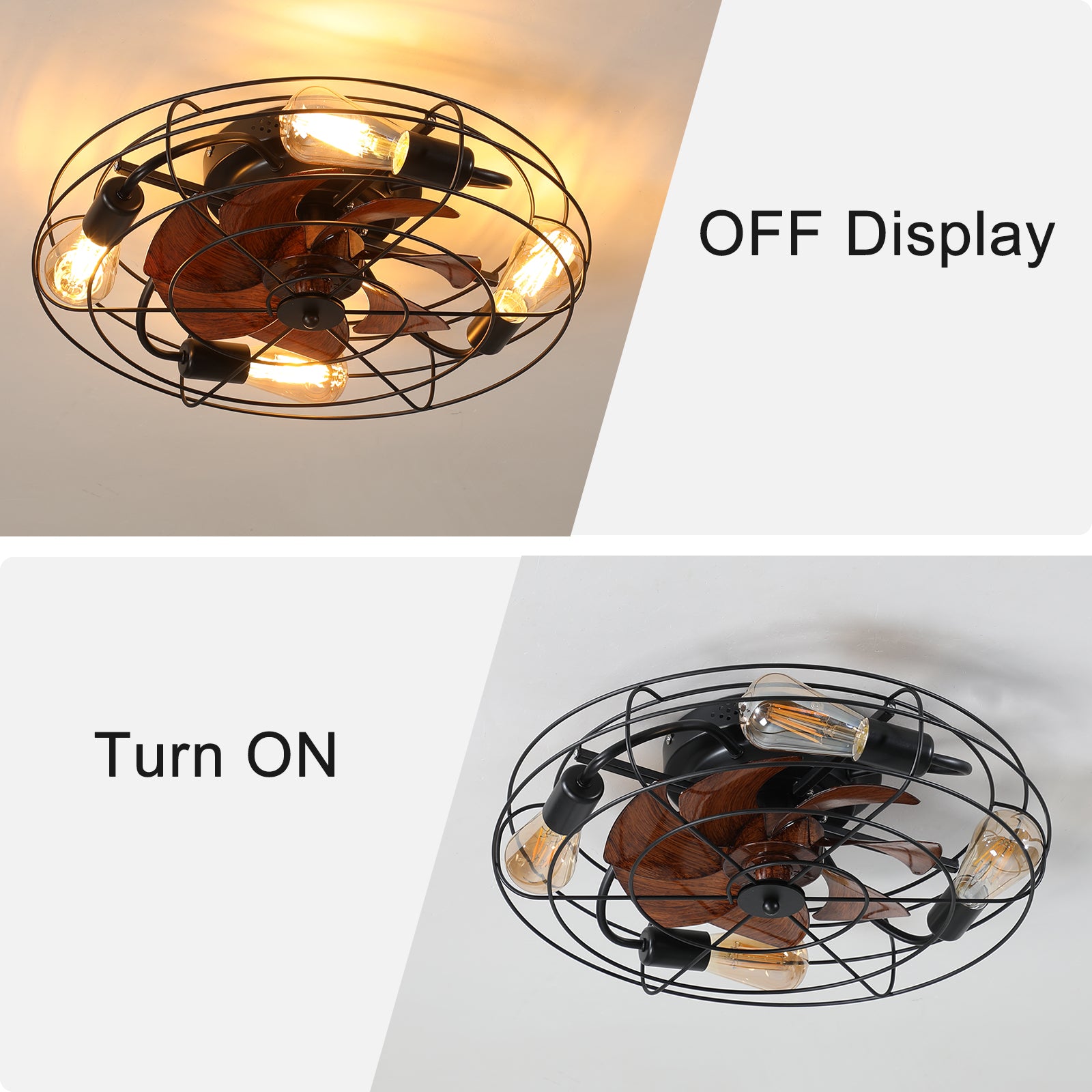 Industrial caged ceiling fan with wood blades and Edison bulbs black finish