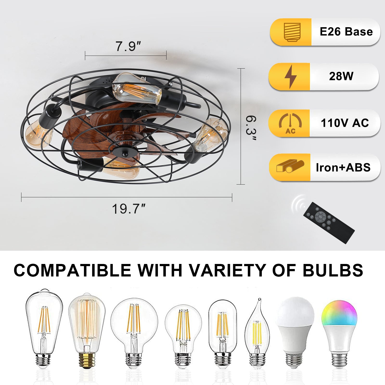 Industrial cage ceiling fan with wood blades black metal finish  diameter