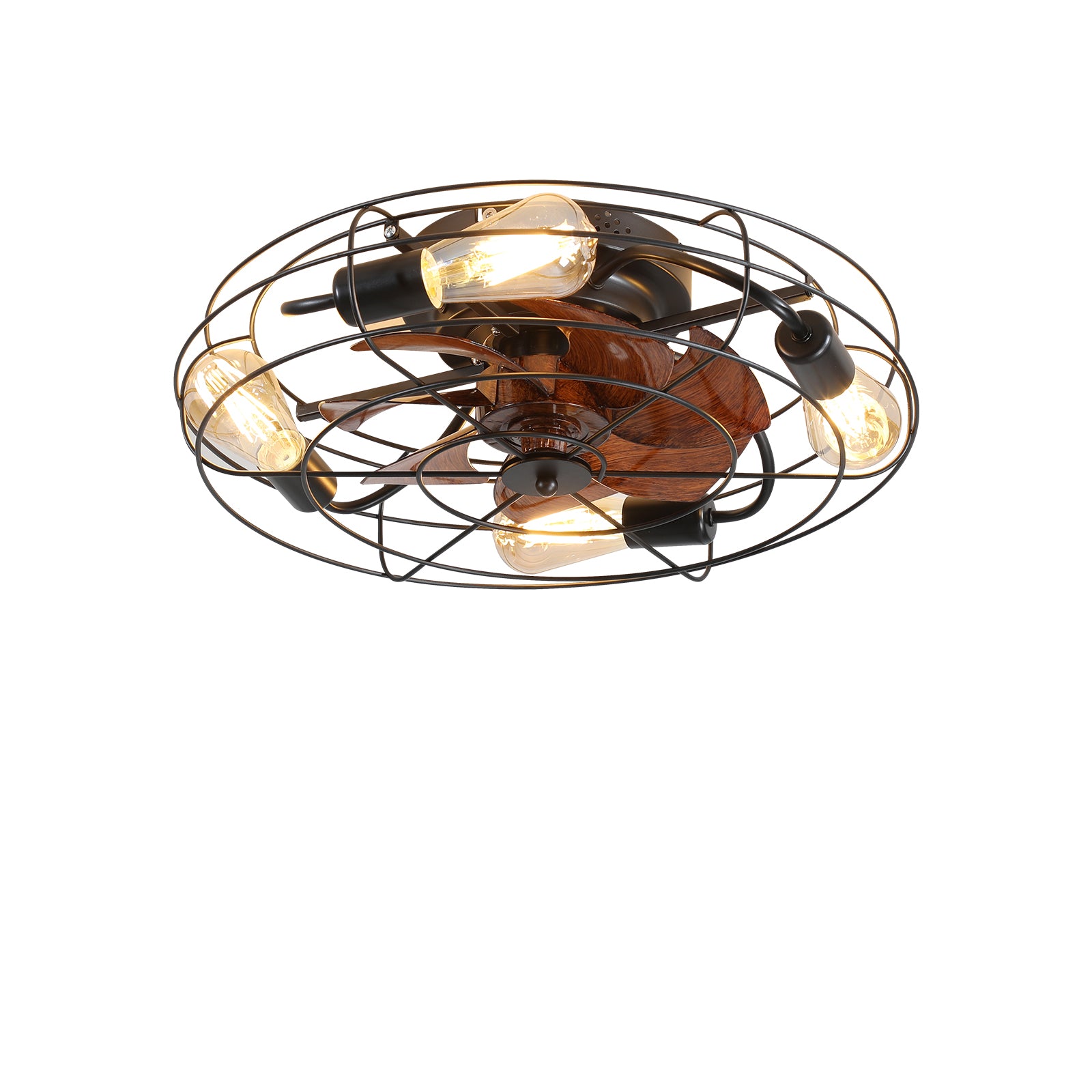 Industrial cage ceiling fan with five Edison bulbs and dark wood blades