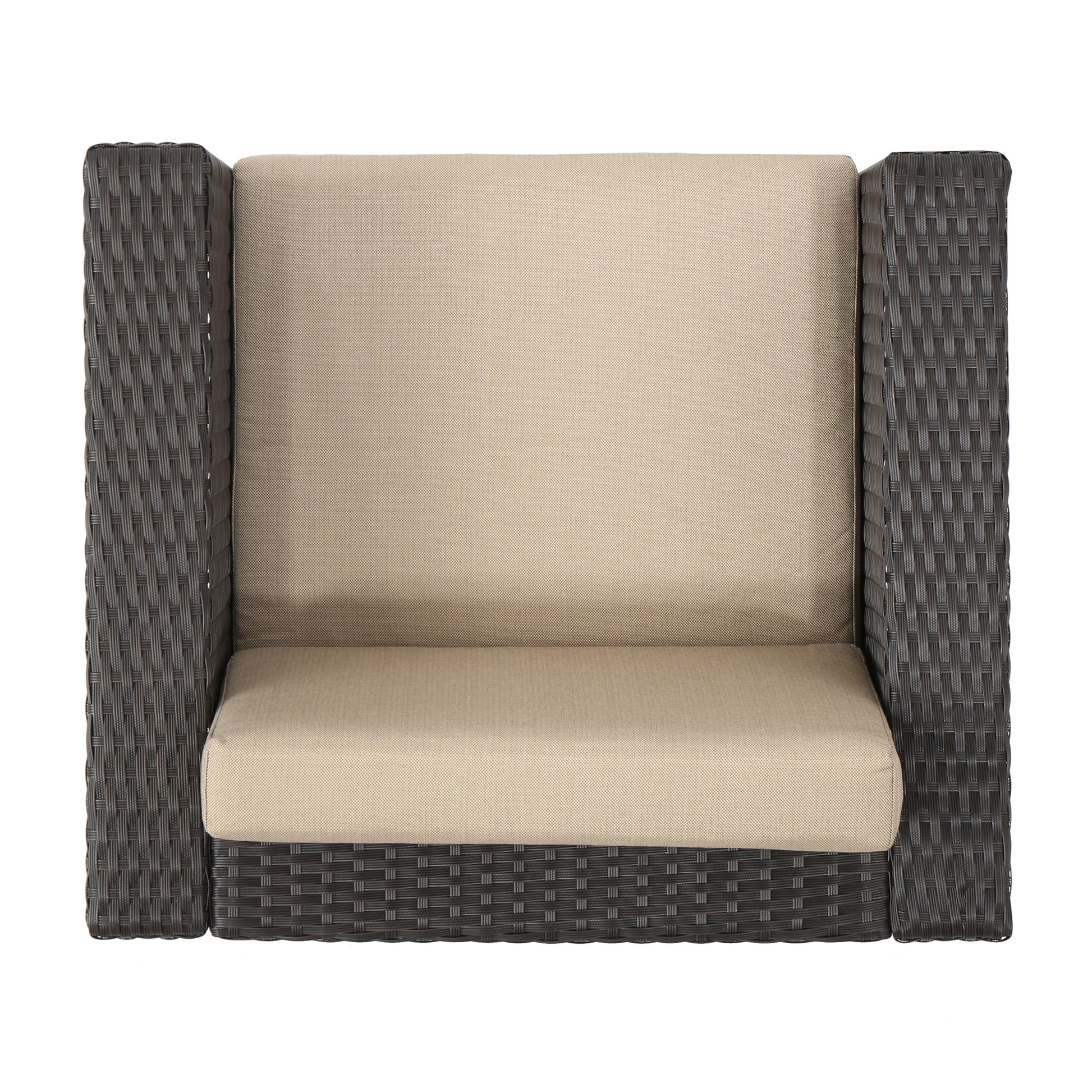 Top view of a dark brown wicker armchair with beige cushions perfect for outdoor seating