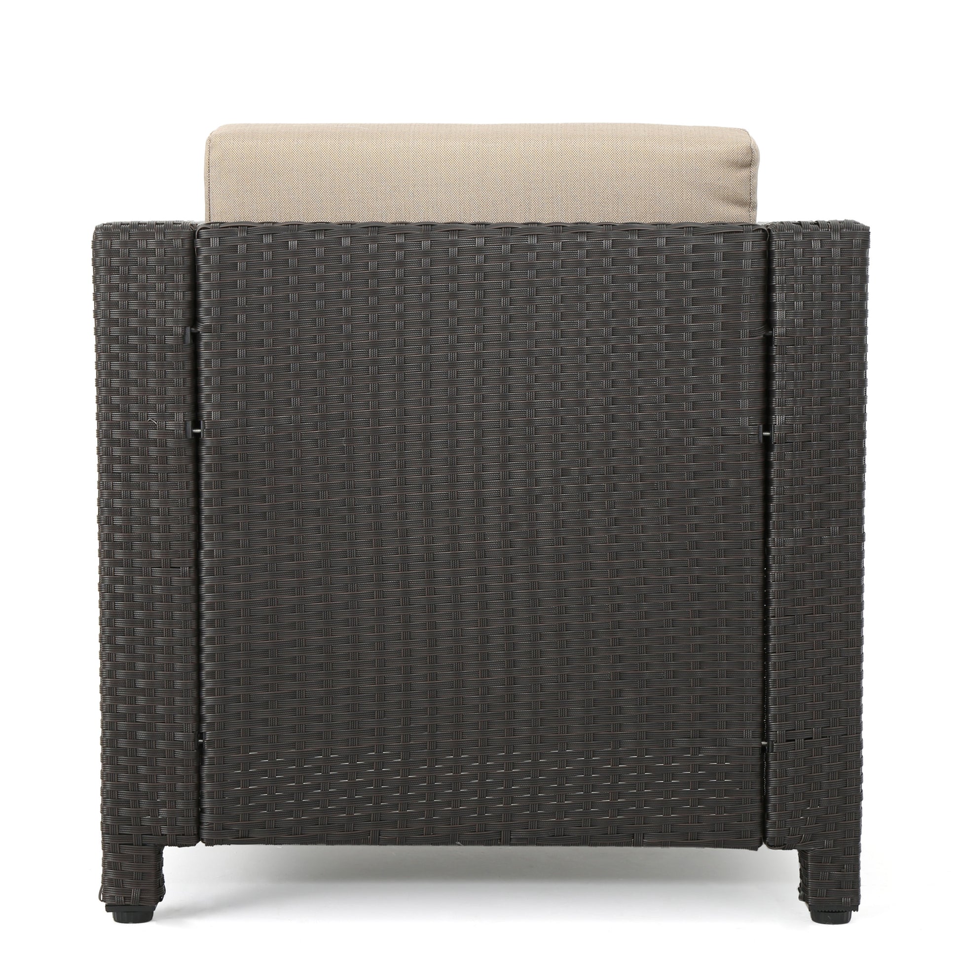 Back view of dark brown rattan patio chair with beige cushion