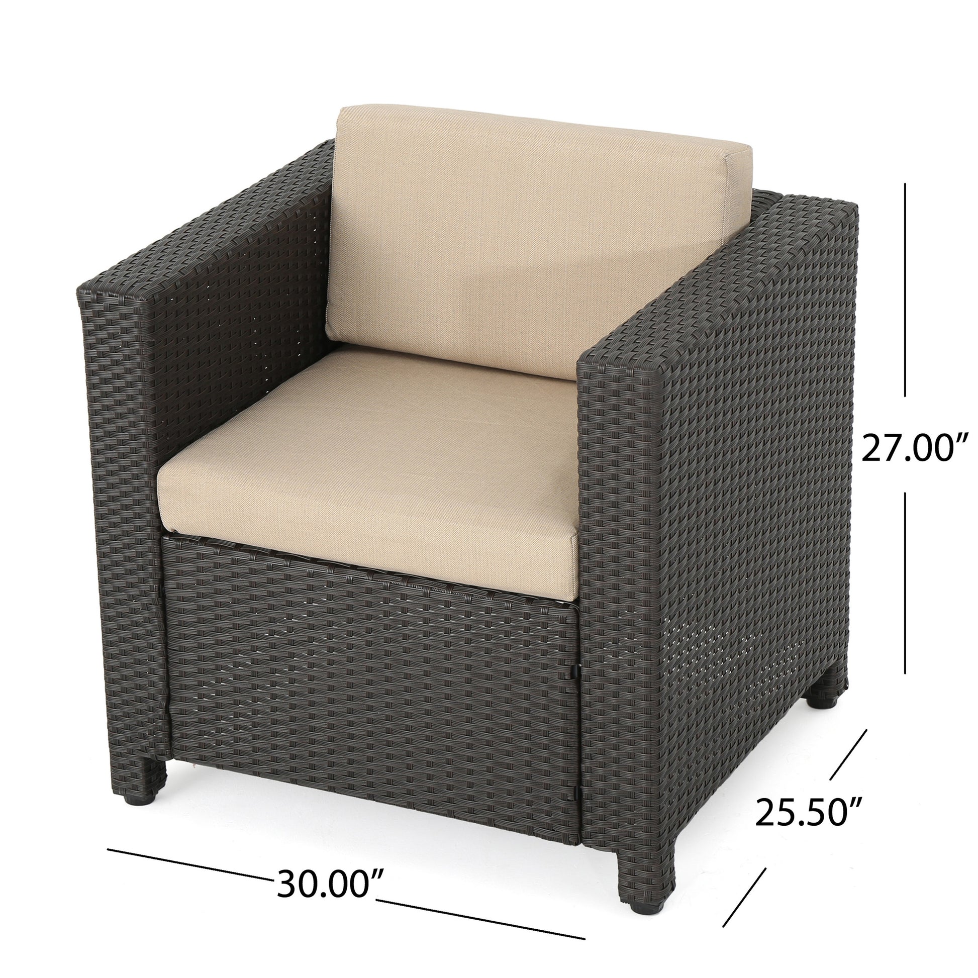 Dark brown wicker outdoor chair with light tan seat and back cushions