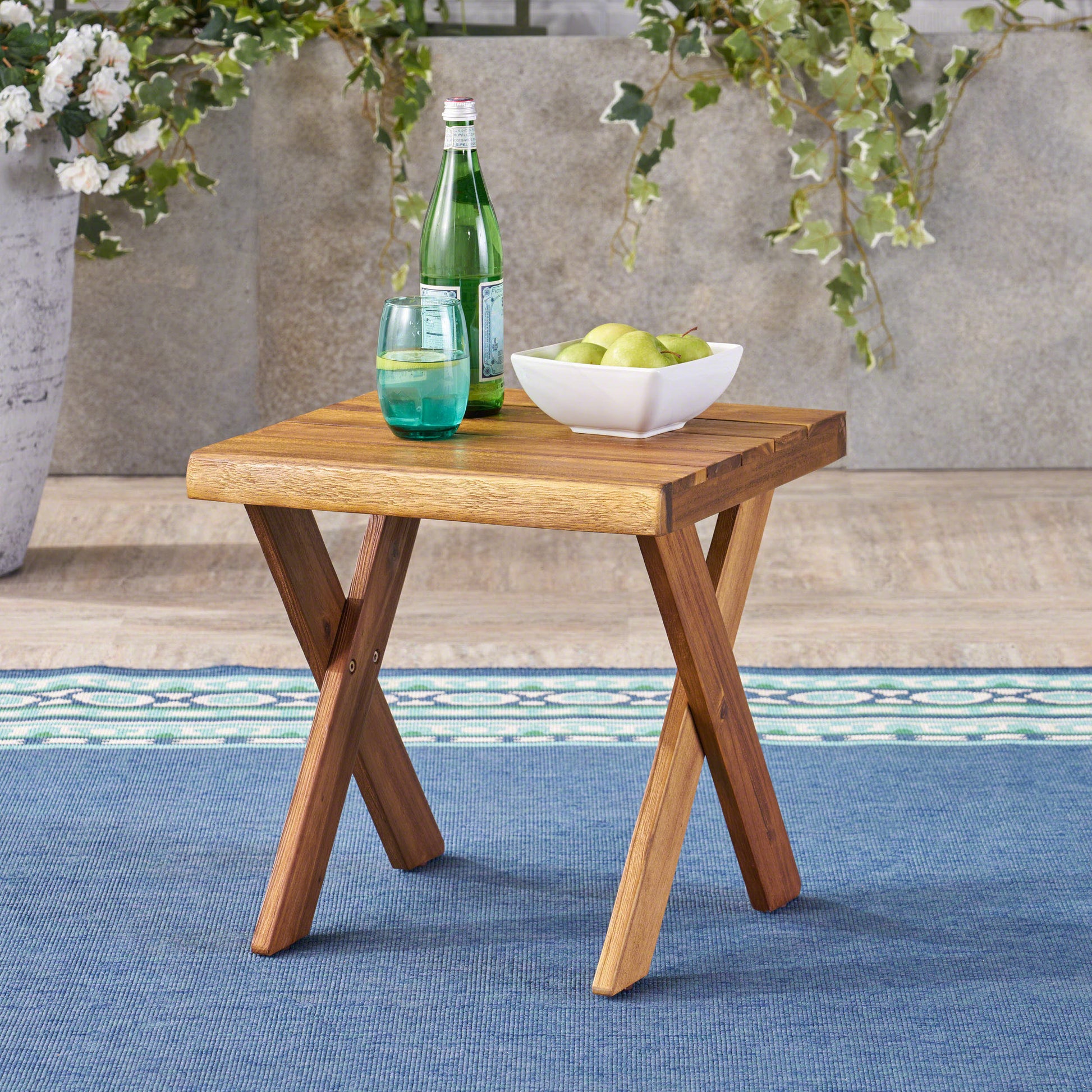 Acacia wood side table with Xleg design perfect for patio use