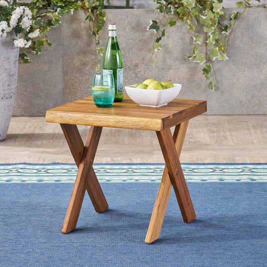 Acacia wood side table with Xleg design perfect for patio use