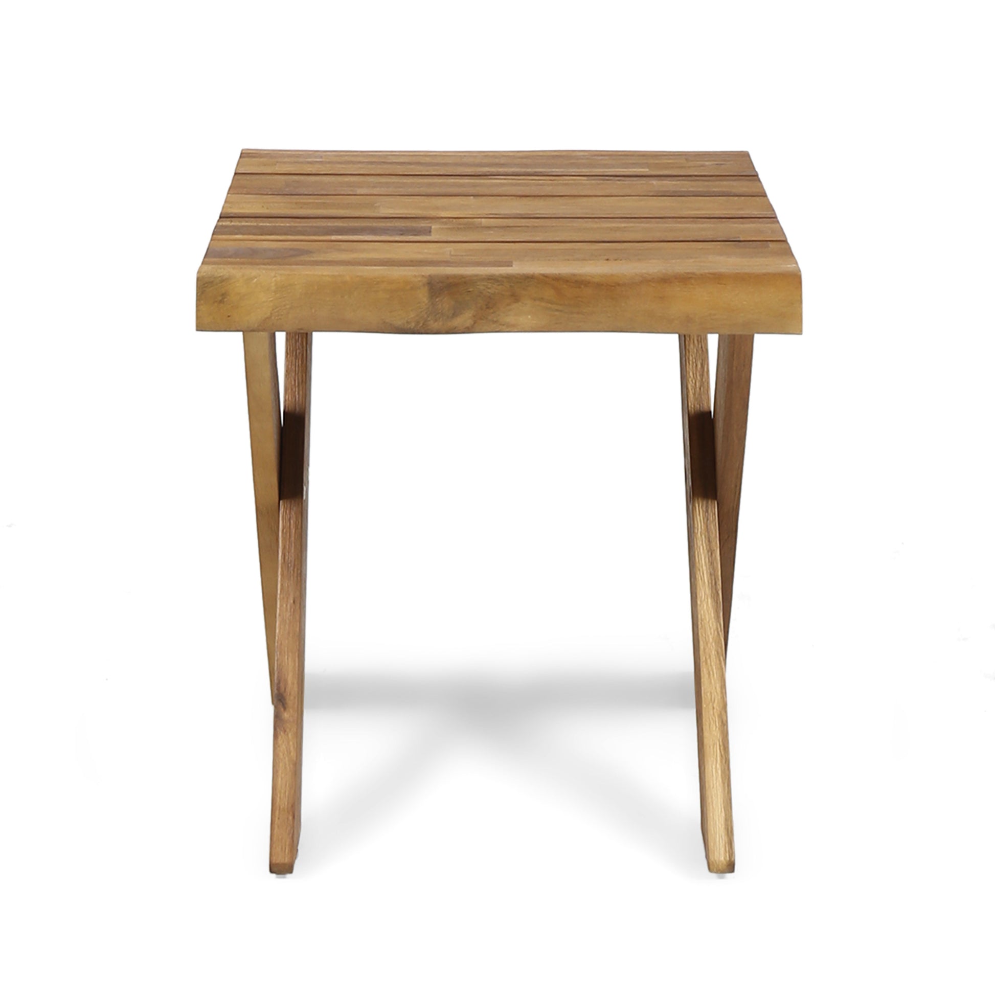 Rustic wooden side table with slatted top and angled legs