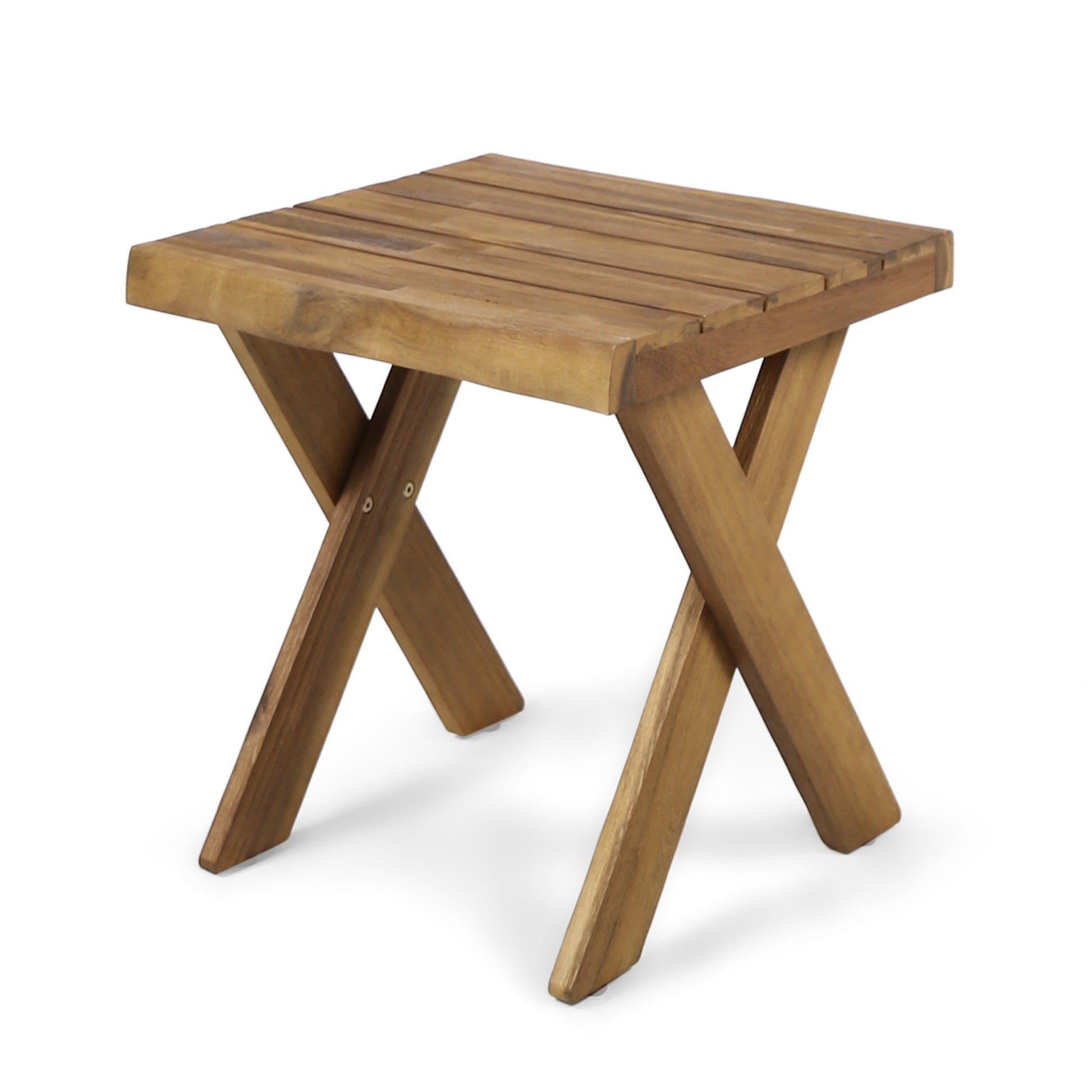 Square slatted wood side table with crossed legs natural wood finish