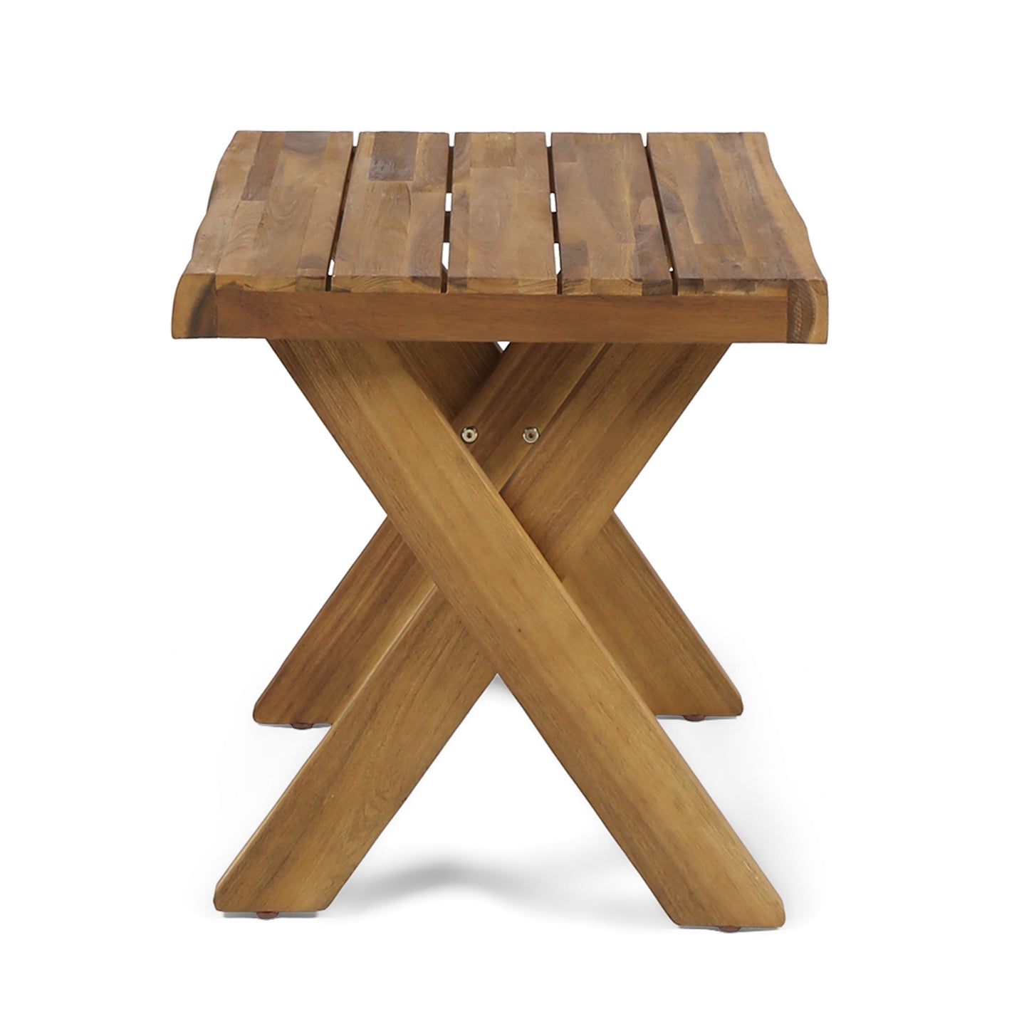 Natural wood outdoor bench with slatted top and crisscross legs