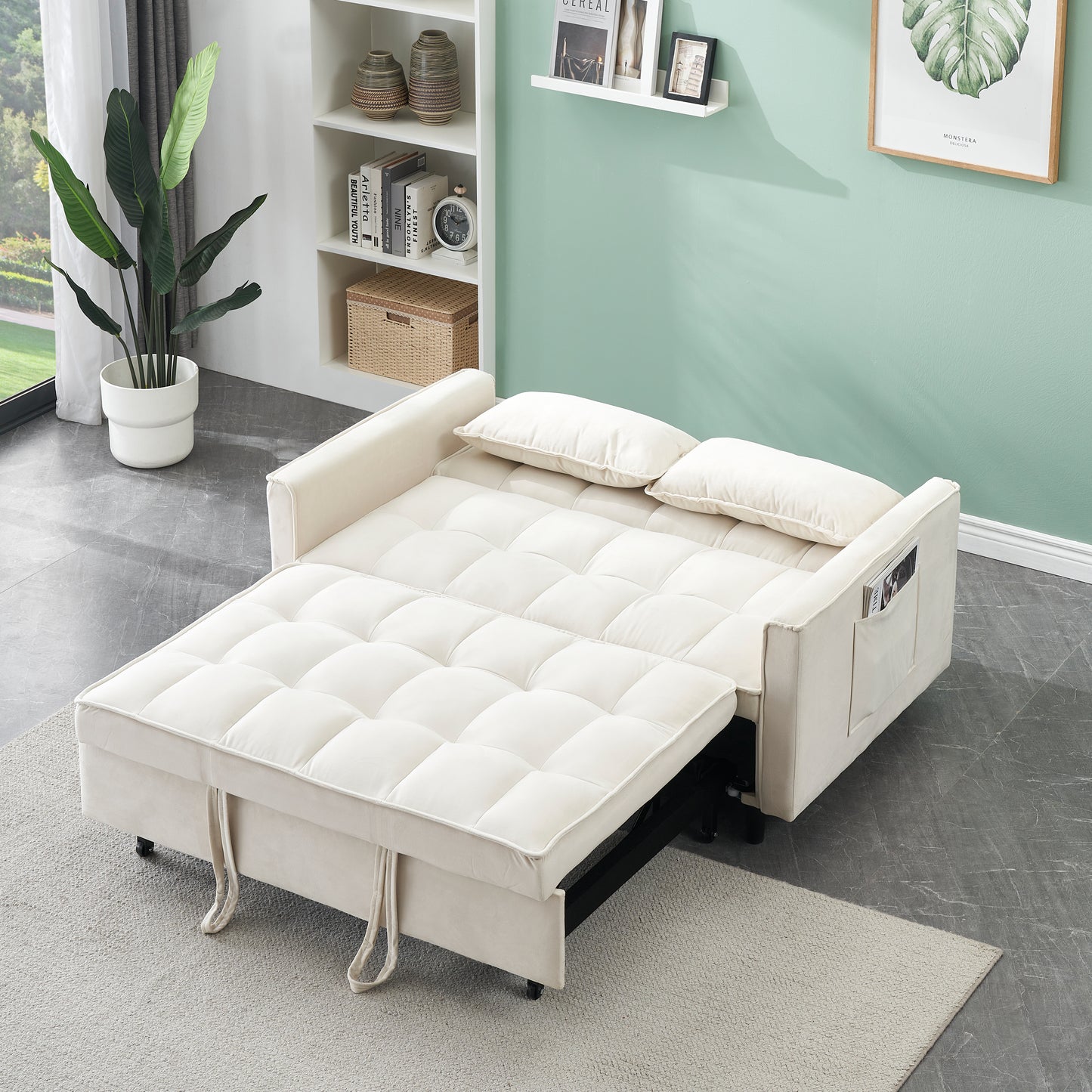 Cream upholstered sofa bed with pullout mattress and quilted cushions modern living room furniture