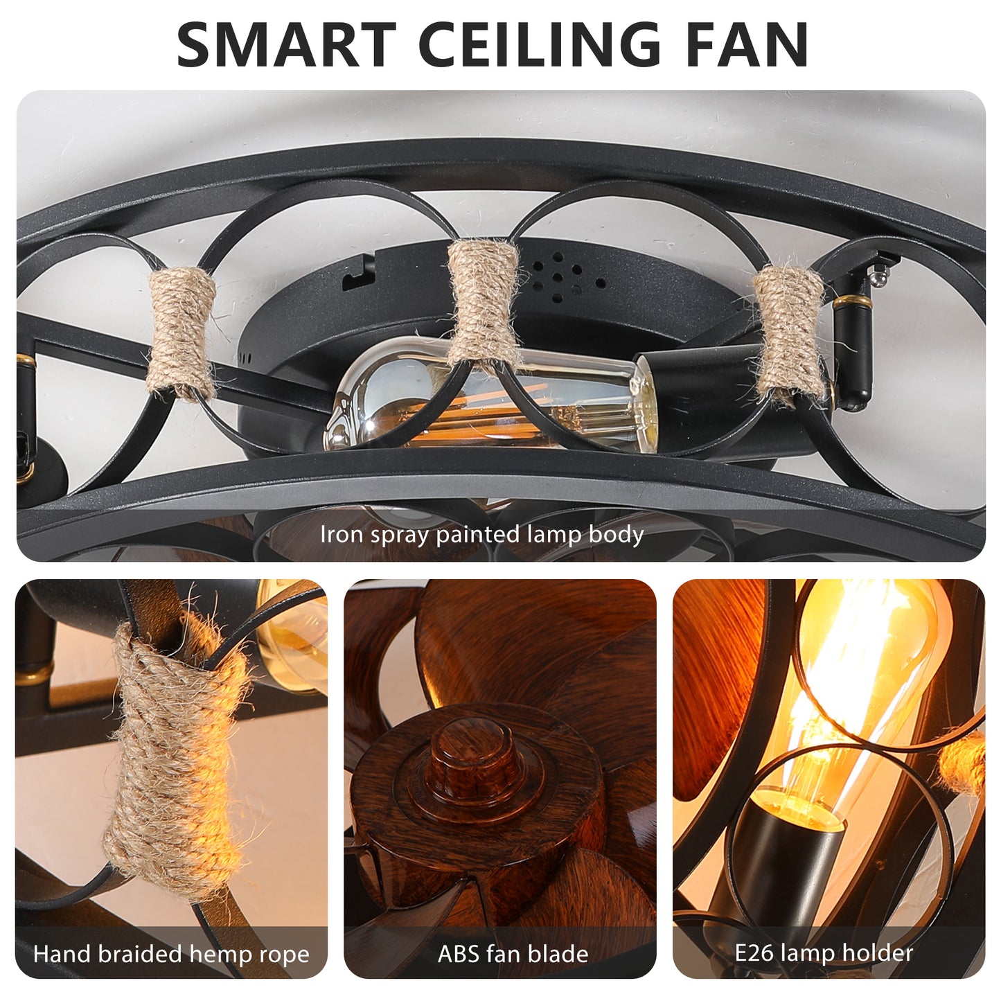 Black wrought iron ceiling fan with handbraided hemp rope accents and exposed Edison bulbs