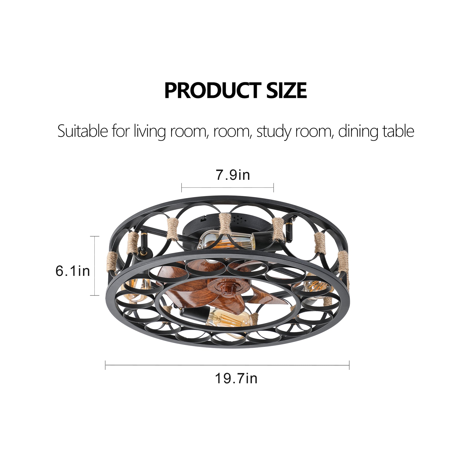 Black metal industrial ceiling fan with wood blades and Edison bulbs